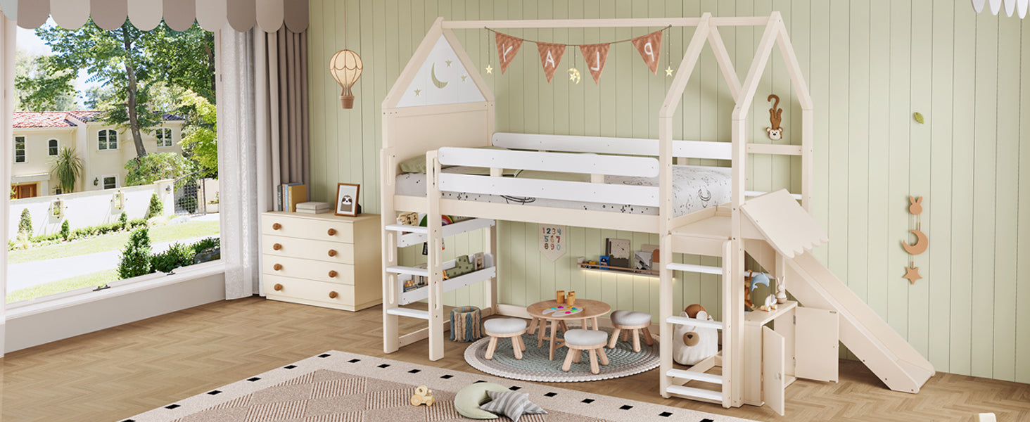 Twin Size Loft Bed with Bookshelf Playful Design for Kids House-Shaped Structure with Slide High-Quality Safety Rails,Beige