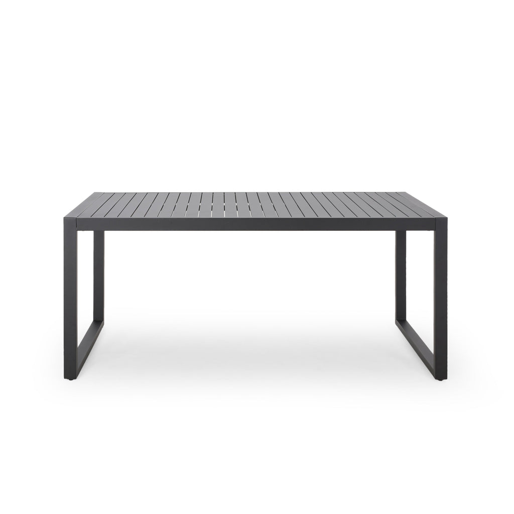 Modern Outdoor Dining Table with Black Aluminum Frame, Slatted Top, and U-Shaped Legs – 70' x 35'