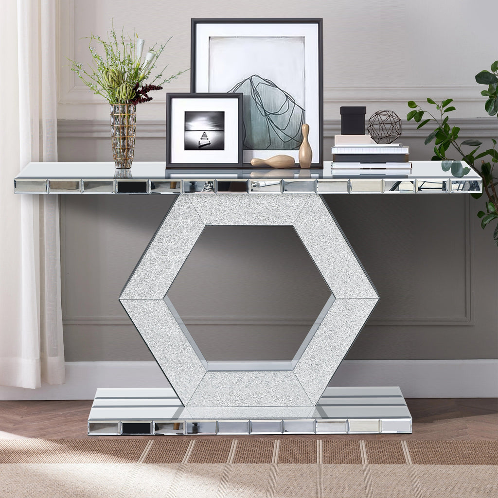 Sparkling Crystal Hexagon Mirror Entryway - Premium Modern Foyer Console Table with Diamond Glass Effects, Dual-Tier Luxury Sofa Table