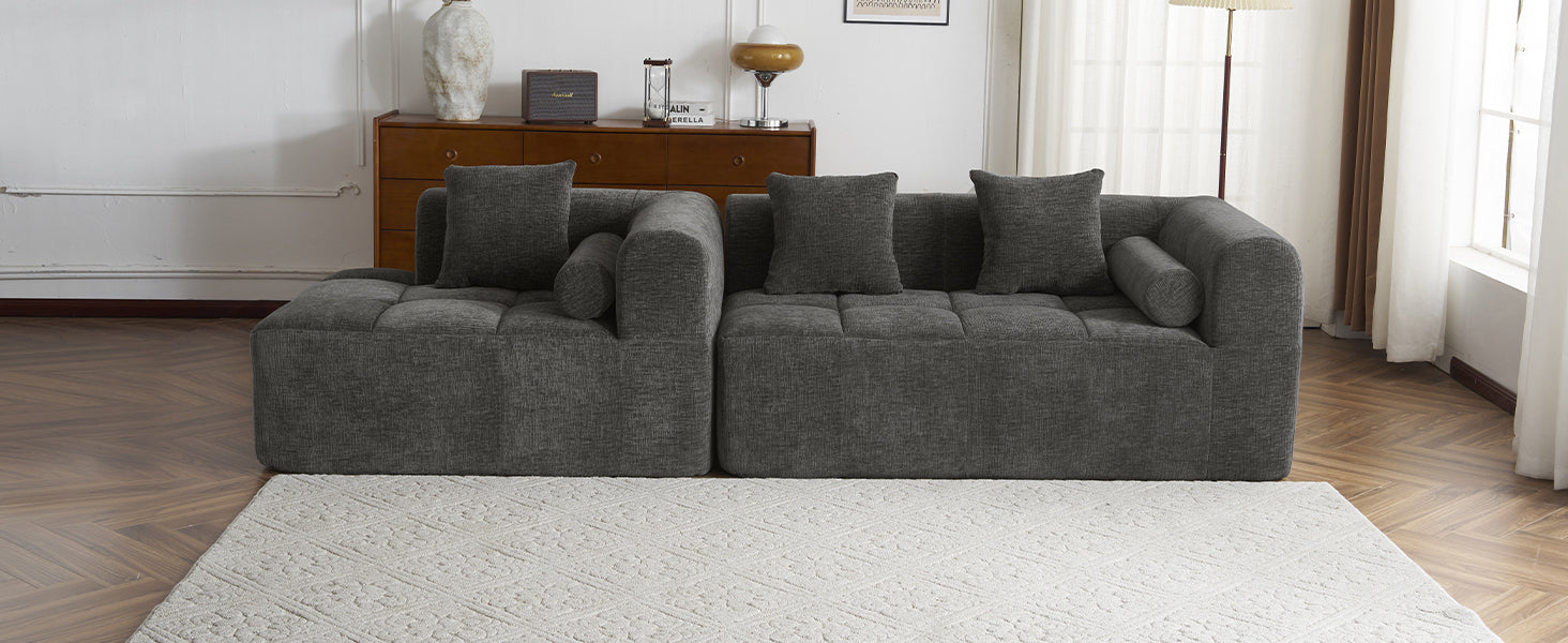 Modern Grey Modular Sectional Sofa with Deep Seating and Side Pockets in Chenille Fabric