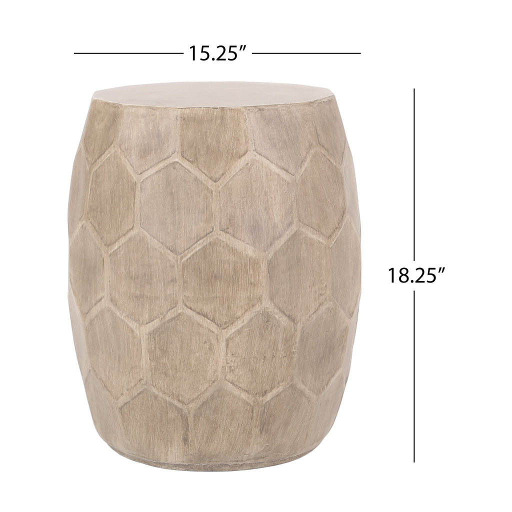 Boho Outdoor Lightweight Concrete Side Table with Honeycomb Pattern in Natural Finish, Magnesium Oxide, 15.25 x 15.25 x 18.25 inches