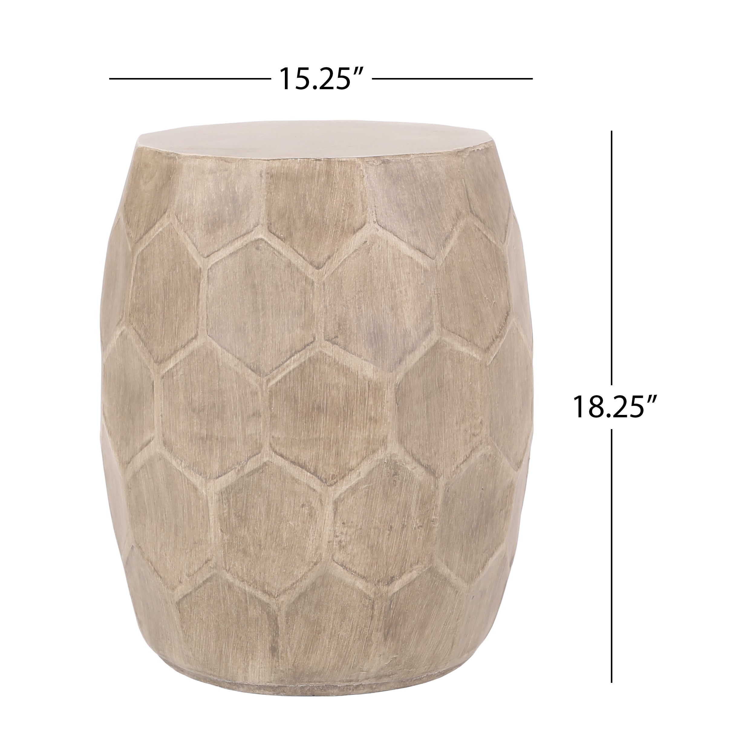 Boho Outdoor Lightweight Concrete Side Table with Honeycomb Pattern in Natural Finish, Magnesium Oxide, 15.25 x 15.25 x 18.25 inches