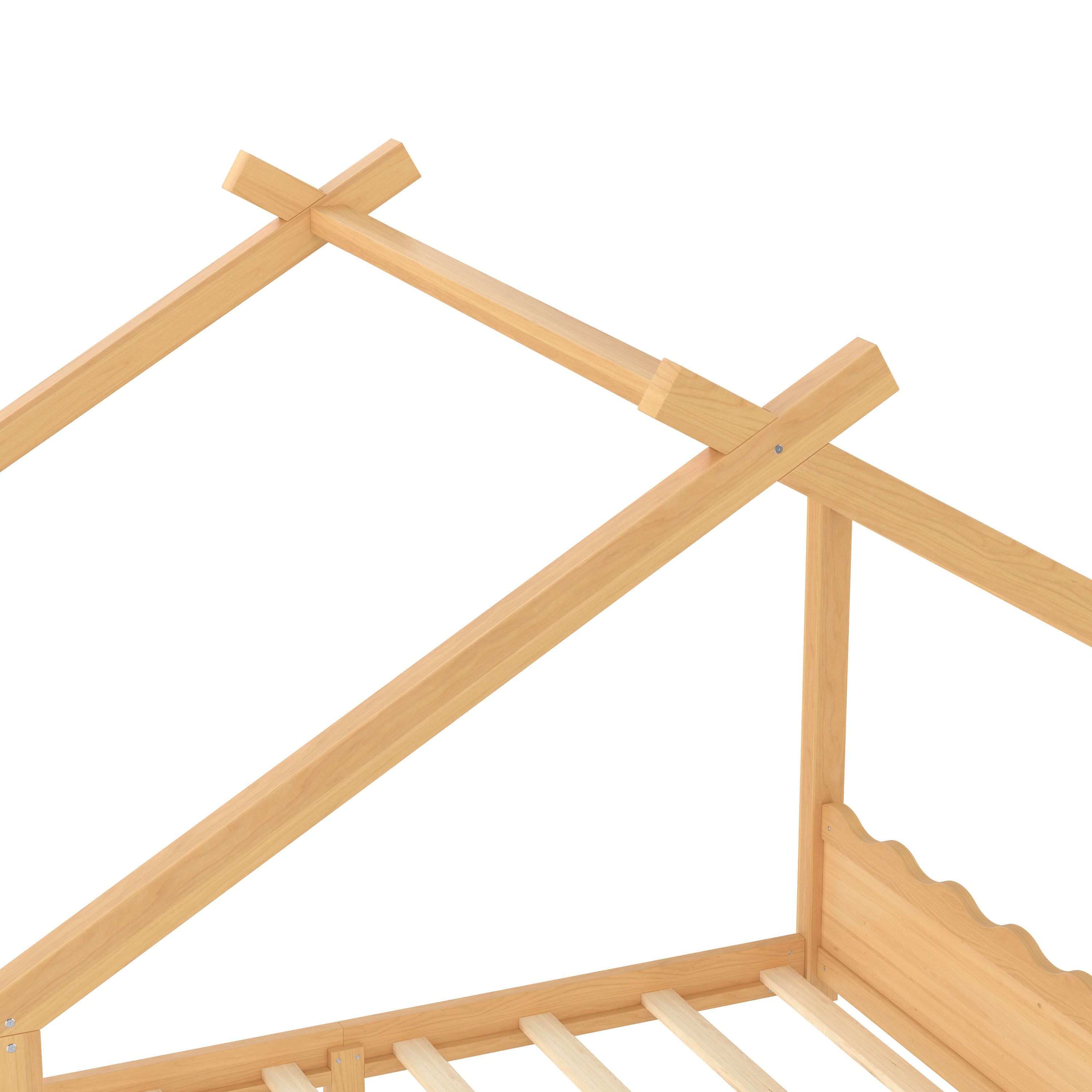 Queen House Floor Bed with Support Slats, Solid Wood House Bed Frame for Kids, No Box Spring Needed and Opening Constructure, Natural
