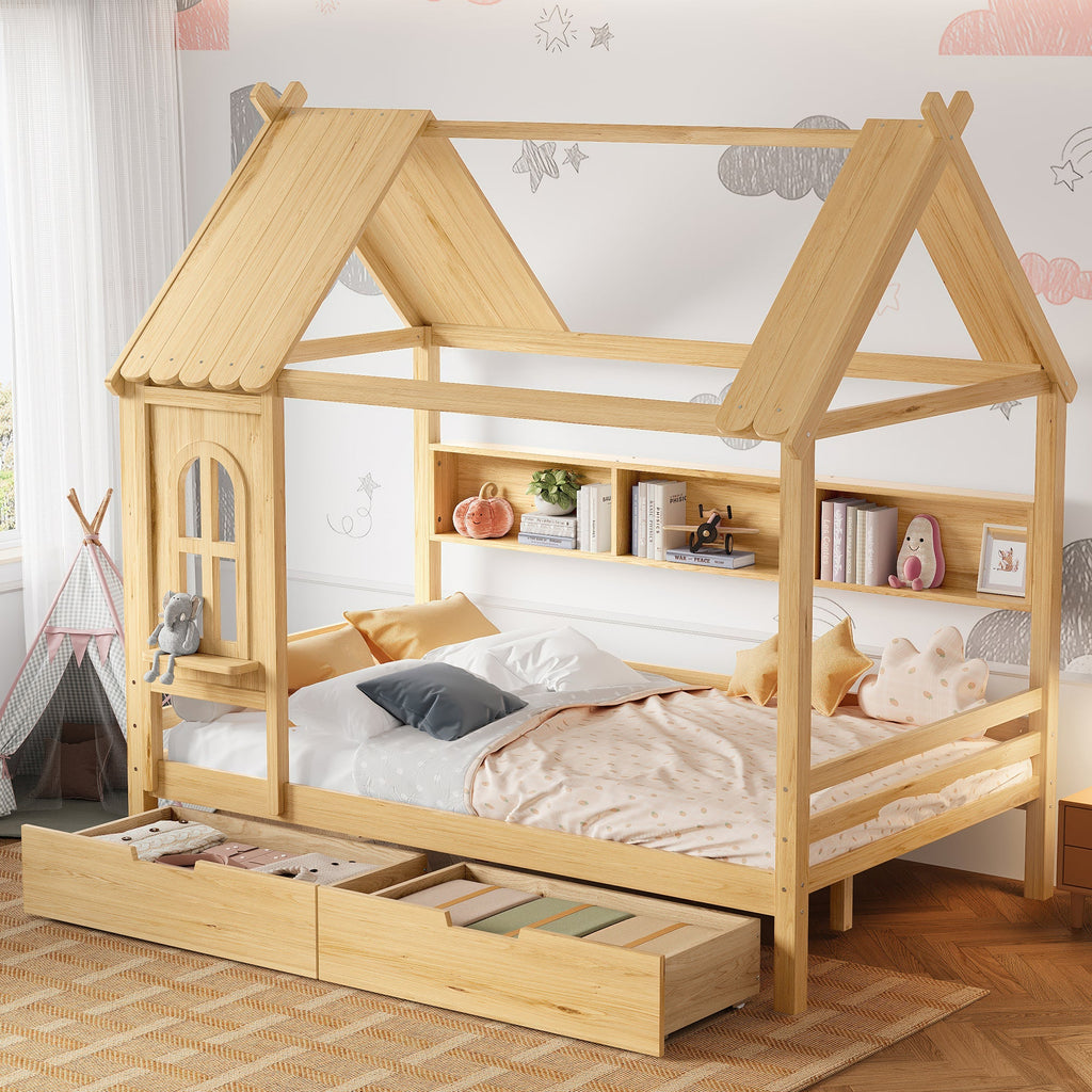 Full house Beds with Storage Drawers and Window, Solid Wood House Platform Bed Frame with shelves, for Kids, Girls, Boys, No Spring Box Needed and Childlike Design, Natural