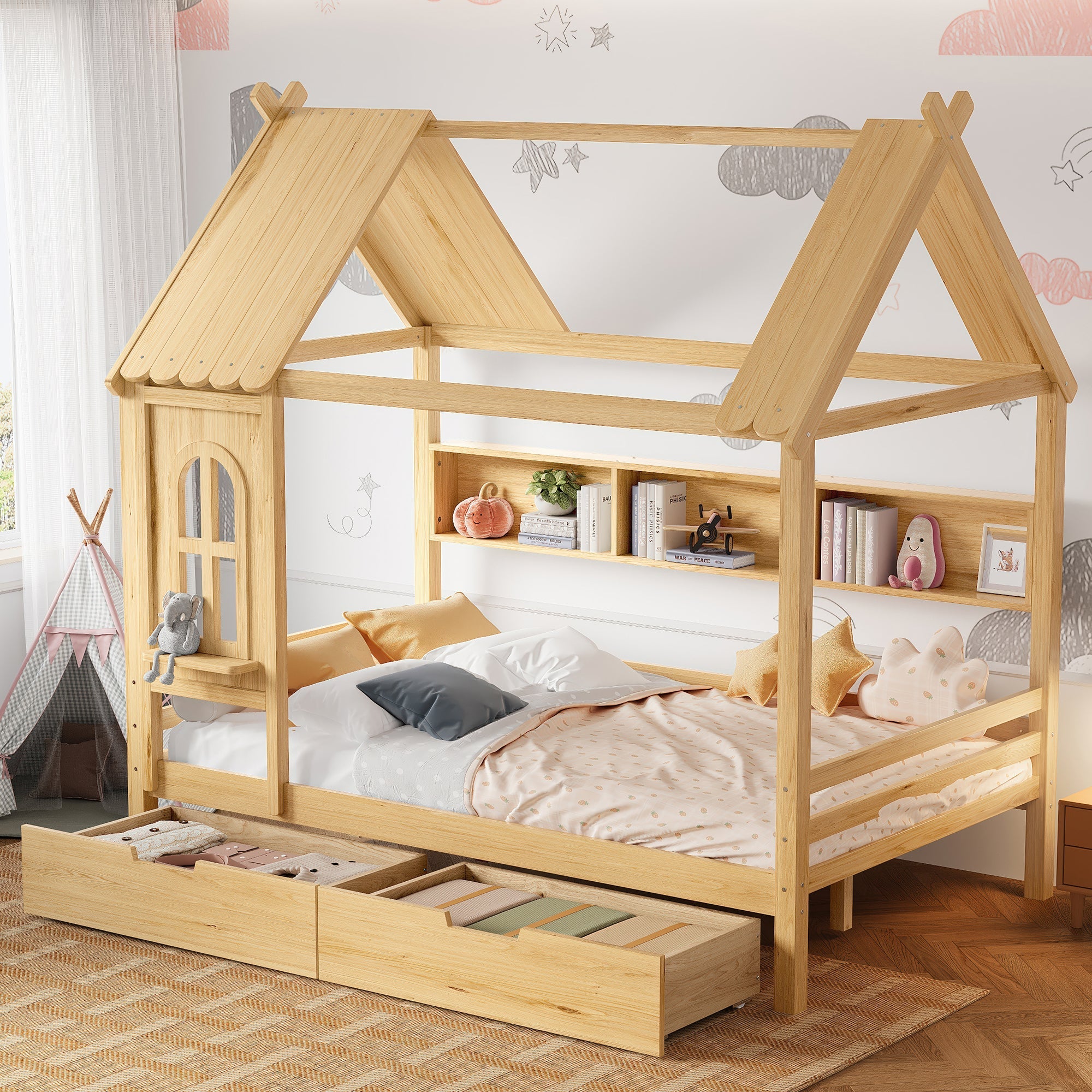 Full house Beds with Storage Drawers and Window, Solid Wood House Platform Bed Frame with shelves, for Kids, Girls, Boys, No Spring Box Needed and Childlike Design, Natural