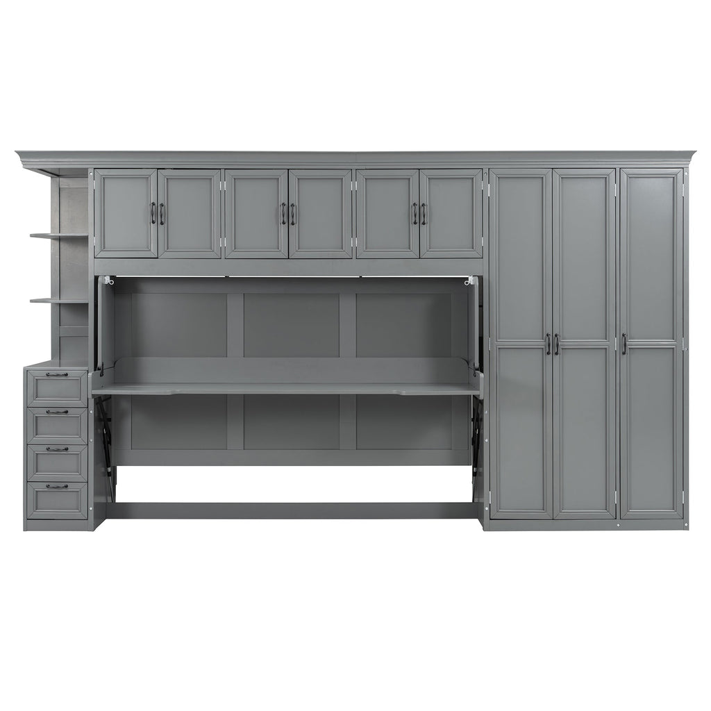 Twin Size Murphy Bed Wall Bed with Wardrobe, Cabinet and Desk, Gray