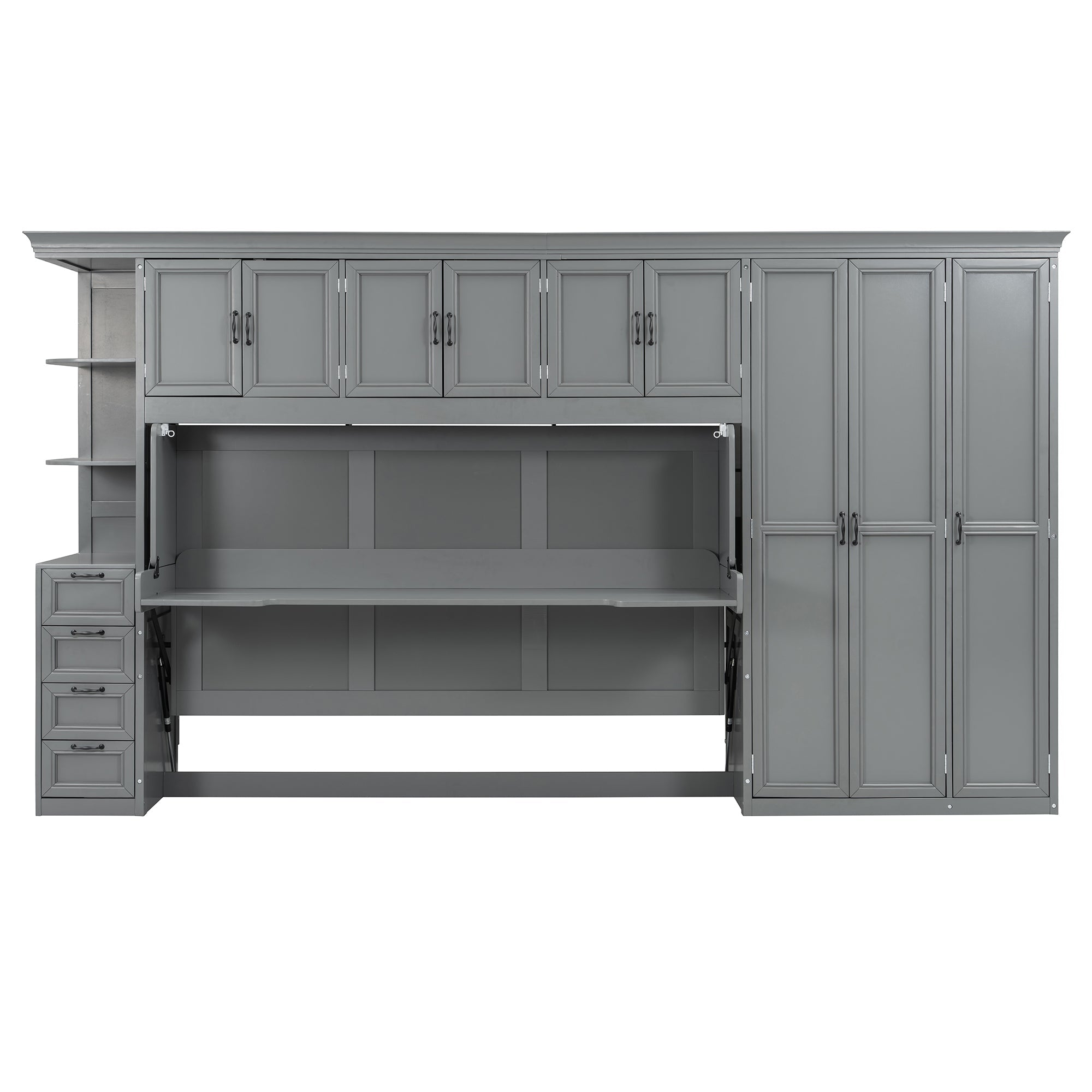 Twin Size Murphy Bed Wall Bed with Wardrobe, Cabinet and Desk, Gray