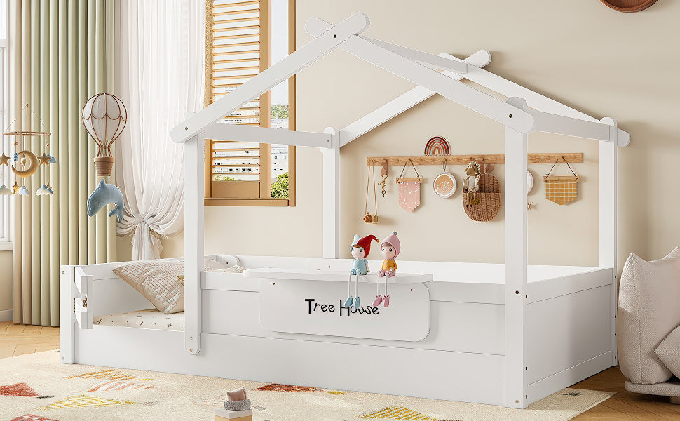 Twin Size Floor Bed with Guardrails and Roof, Kids House Floor Bed with a Small Built-in Tray and Free-installed Signboard, Childlike Design, White