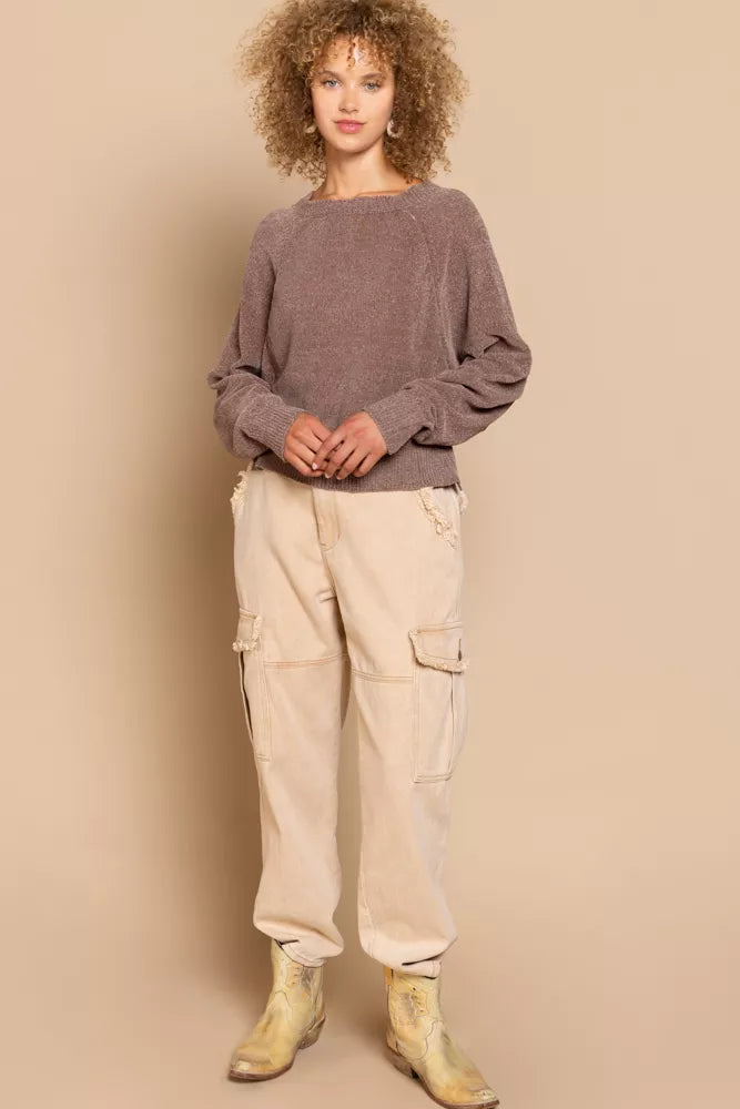 POL Round Neck Backless Sweater with Ribbed Edge