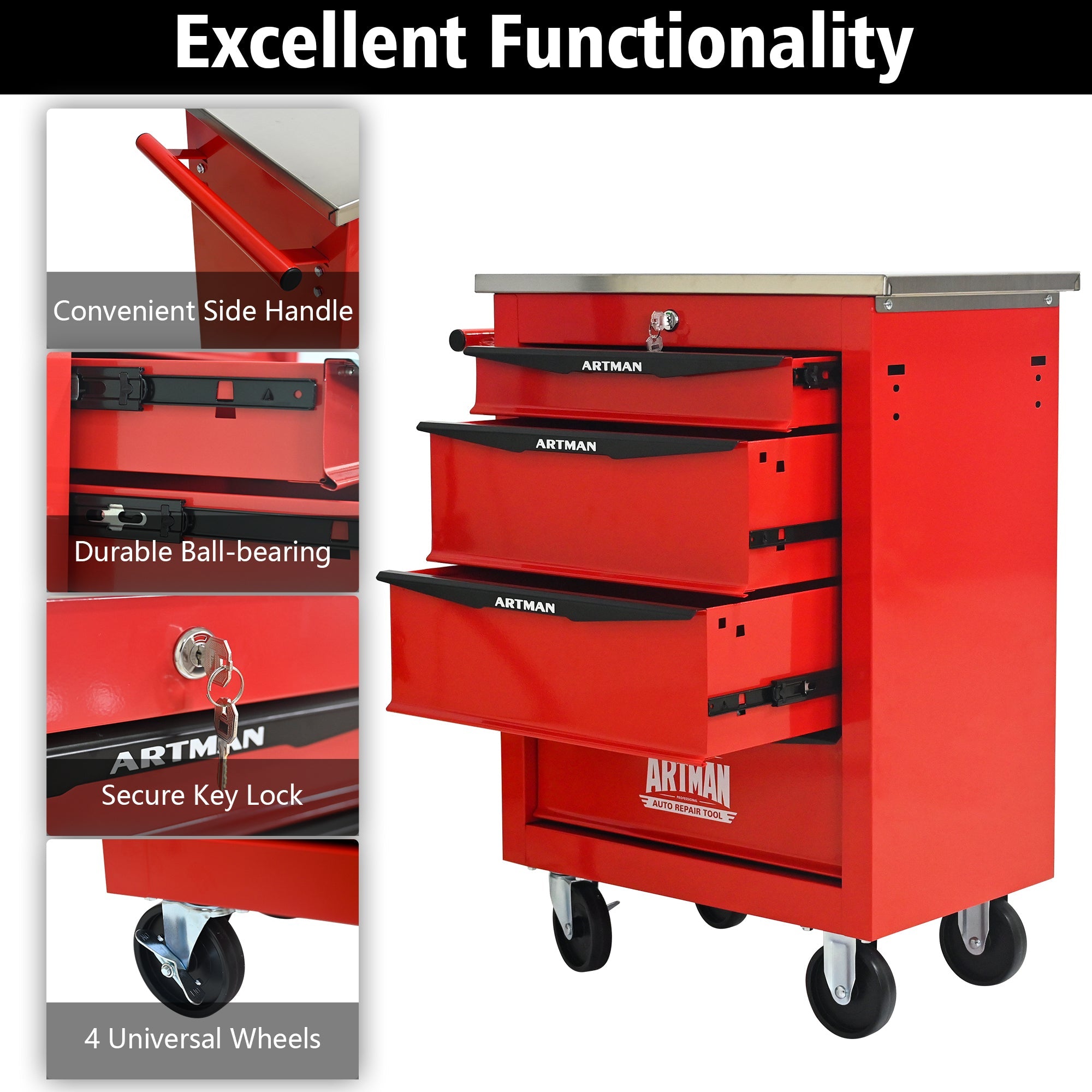 4 Drawers Multifunctional Tool Cart with Wheels,Metal Rolling Tool Cart Storage for Garage Workshop Warehouse Repair Shop--With  Stainless Steel Roof- Red&Black