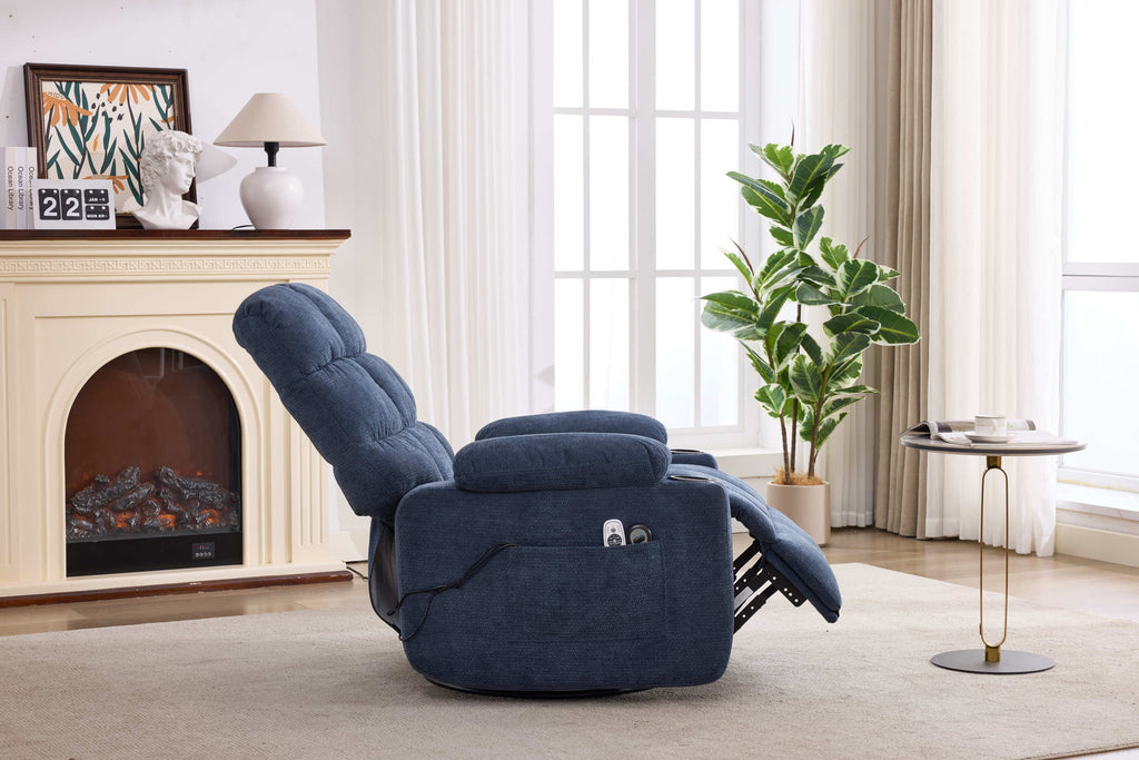 Heat Massage Manual Recliner Chair with Rocker and Swivel in Fabric for Living Room, Blue