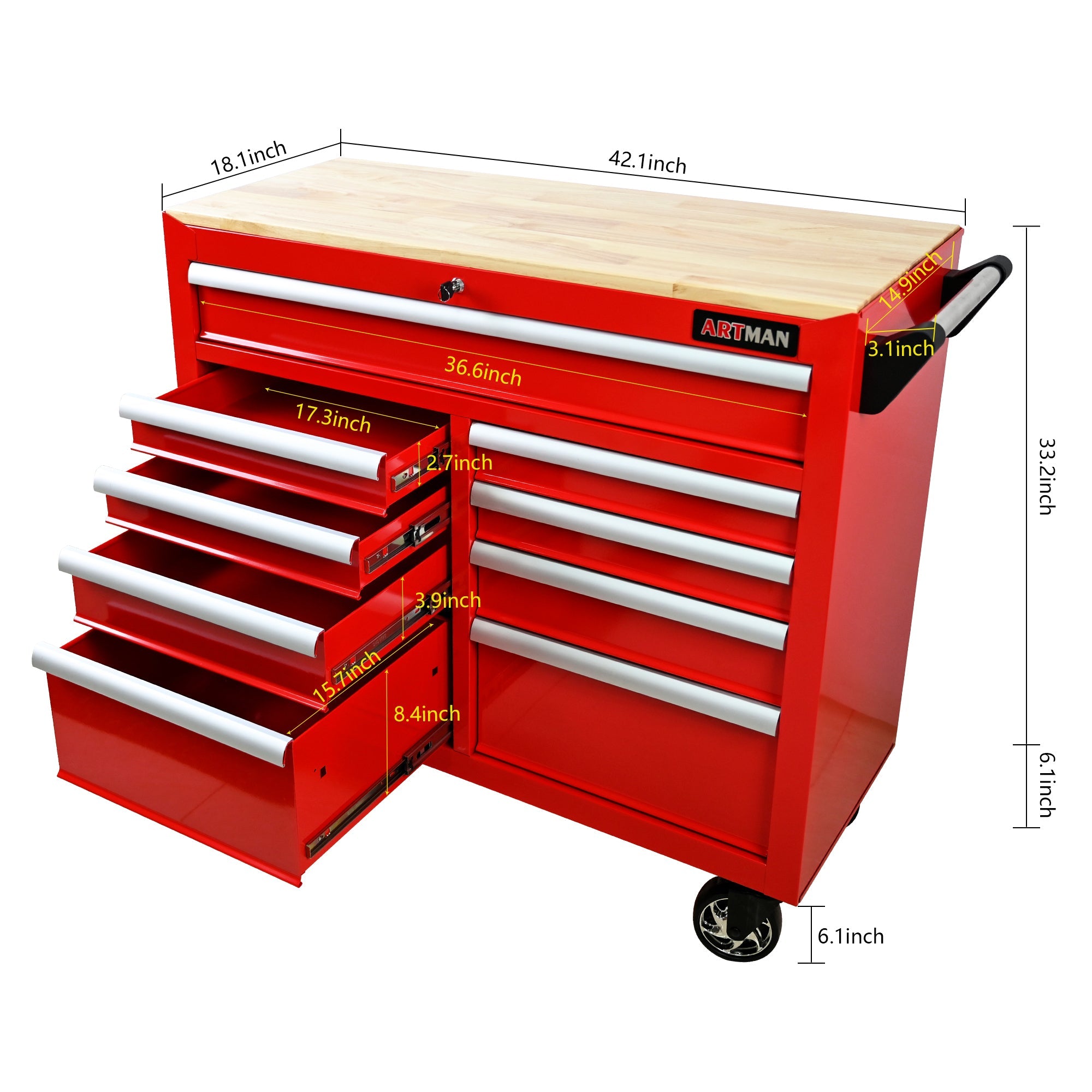 9-Drawer Multifunctional Steel Tool Cart with Wheels and Wooden Top, Red
