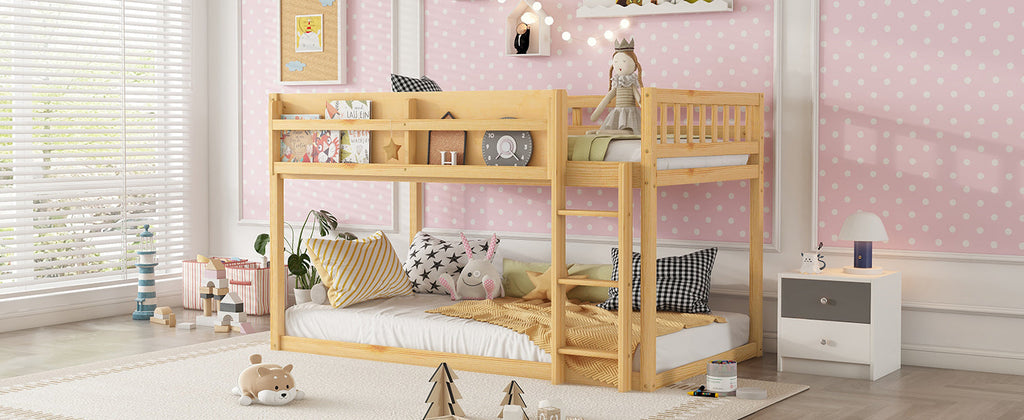 Low Twin Over Twin Bunk Bed, Floor Bunk Bed with Ladder, Solid Wood Twin Bunk Bed for Kids & Juniors, Natural(Expect Arrival Date 2025/11/25)