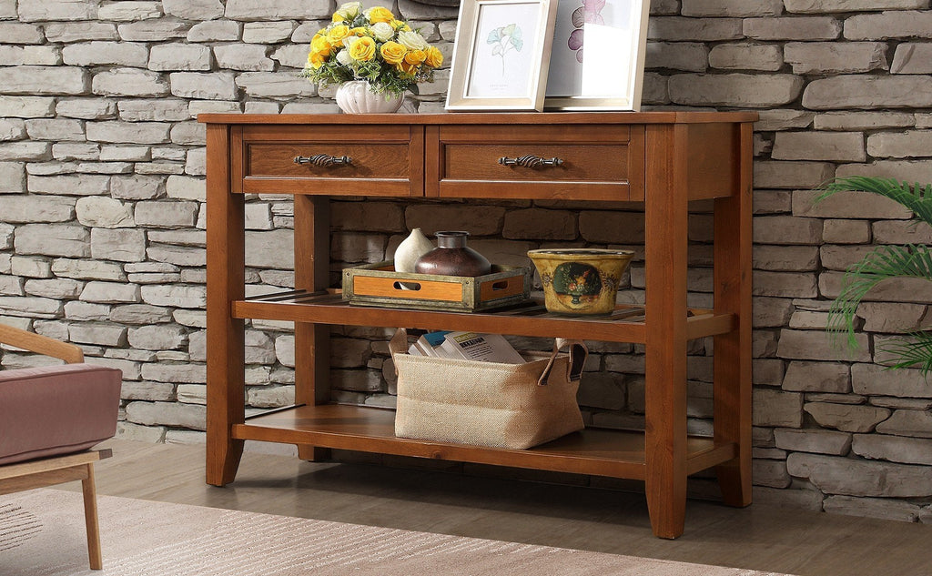 Console Sofa Table with 2 Storage Drawers and 2 Tiers Shelves, Mid-Century Style 42'' Solid Wood Buffet Sideboard for Living Room Furniture Kitchen Dining Room Entryway Hallway, Brown