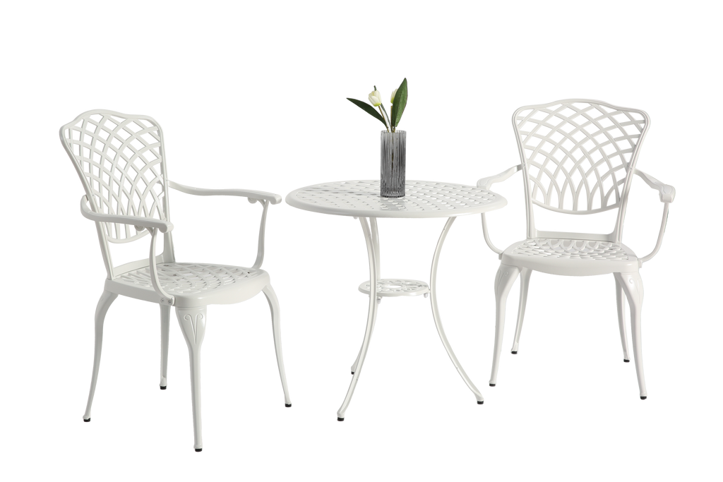 3 Piece Patio Bistro Set Cast Aluminum Bistro Table and Chairs Set of 2 with Umbrella Hole,All Weather Metal Bistro Table Set,Outdoor Patio Furniture Set for Garden White