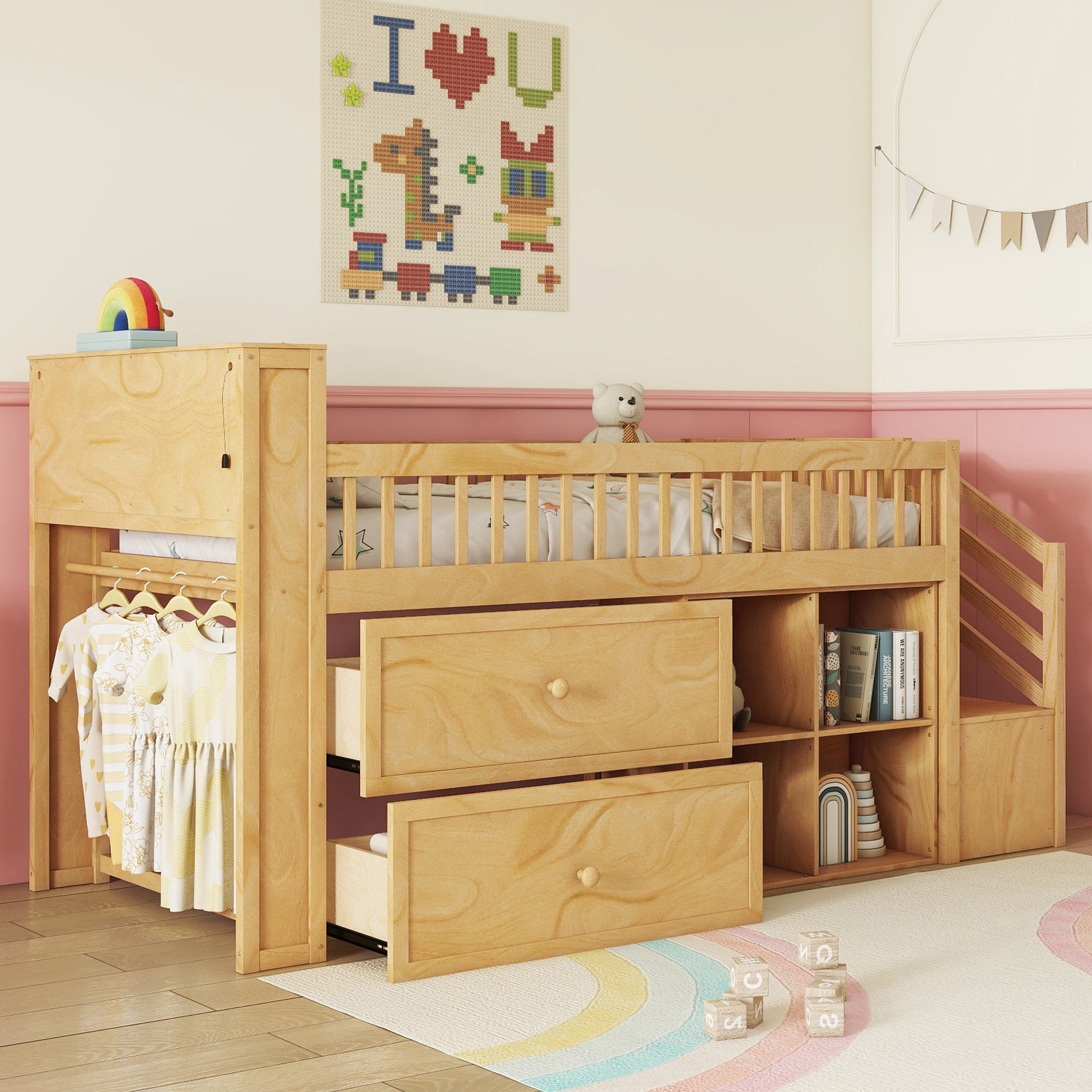 Twin Size Loft Bed with LED and Bookshelf, Wood Low Loft Bed with Stairs, Kids Twin Loft Bed with Storage Drawers and Shelves, Natural (Expect Arrival Date 2025/1/20)