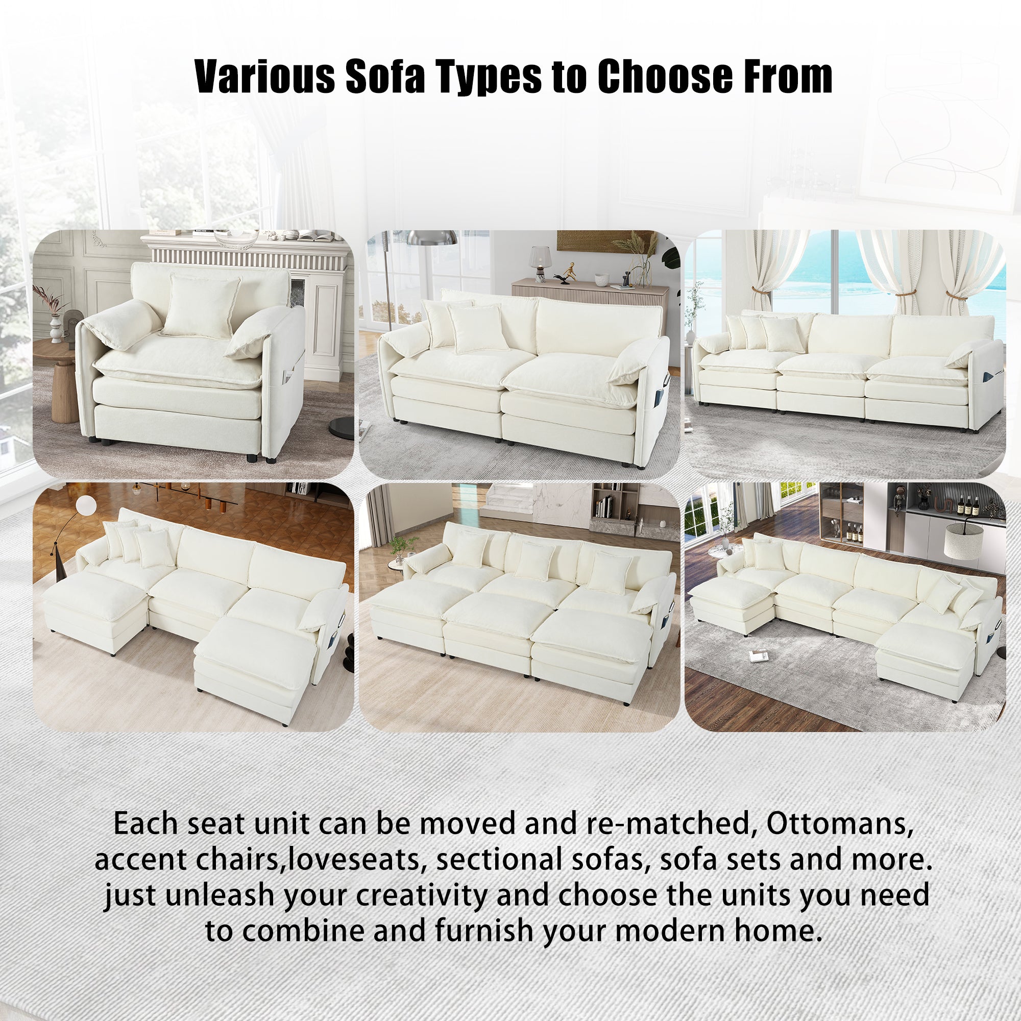 Modular Sectional Sofa, Oversized Deep Seat U Shaped Couch Set for Living Room, 4-Seater Comfy Cloud Couches with 2 Movable Ottomans, DIY Combination, Chenille,Beige