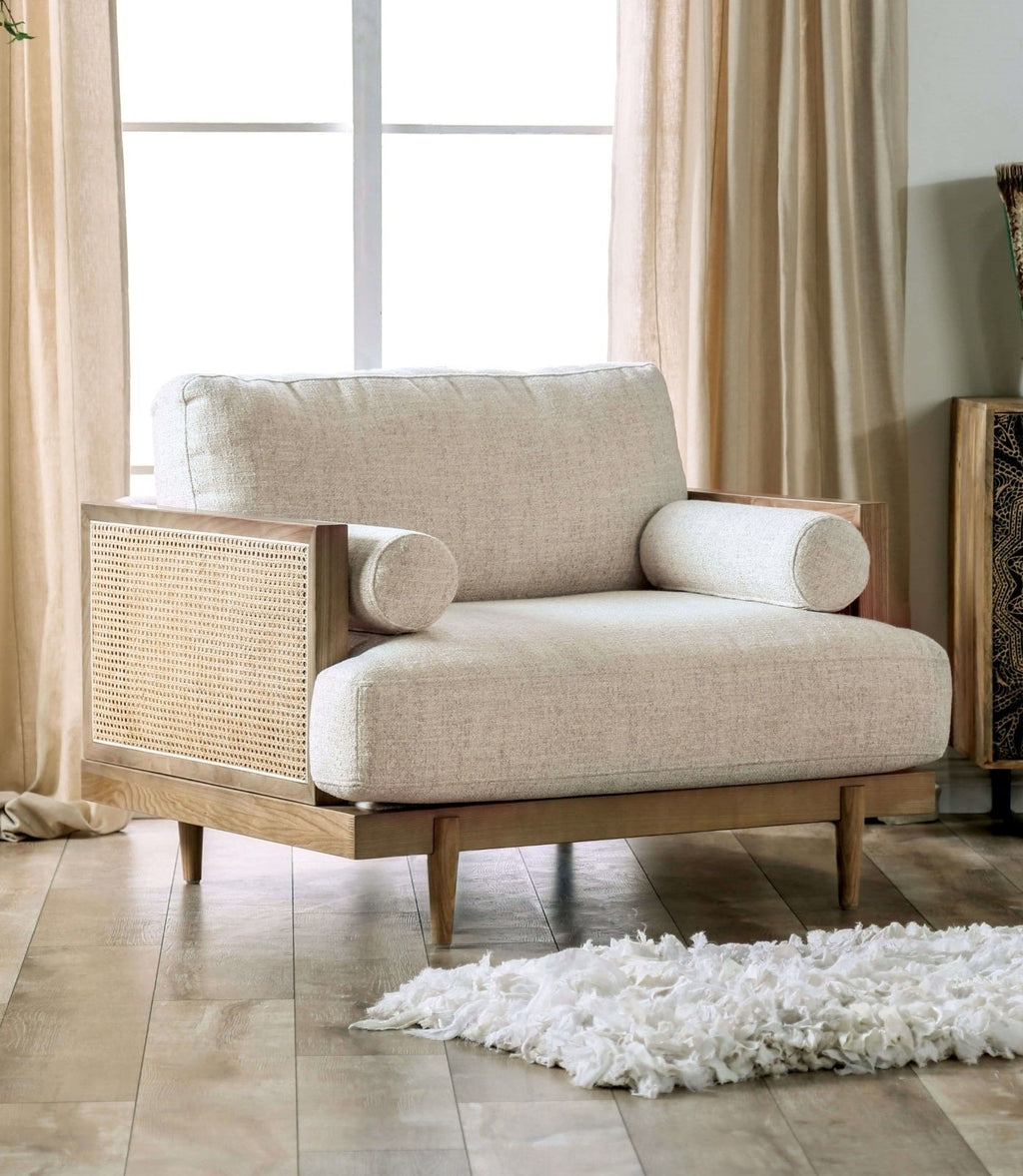 Mid-Century Modern 1pc Beautiful Chair Side Bolster Pillow Tapered Wooden Legs Reversible Pillow Back Beige And Light Oak Finish Primary Living Room