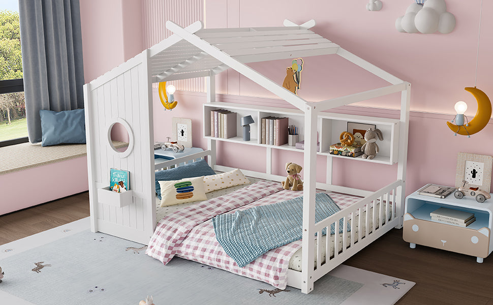 Full Size Floor House Bed for Toddler, Kids Montessori Bed  with Storage Shelf, Playhouse Bed with Roof Design, White