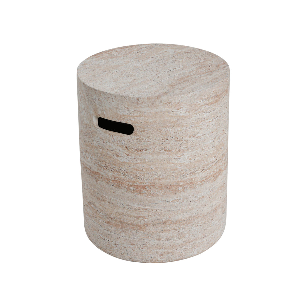 Modern Concrete Side Table with Travertine Finish, Indoor/Outdoor Use, Beige, 15.5 x 15.5 x 18.5 inches