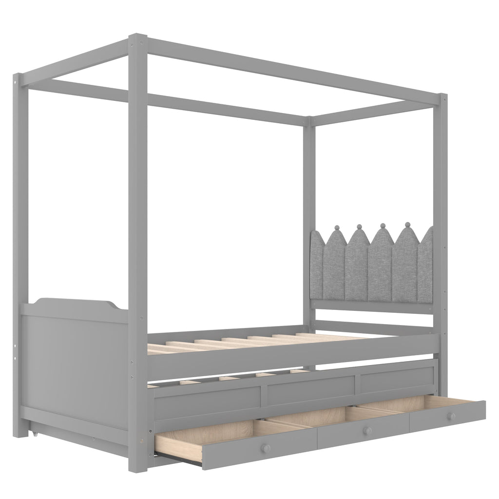 Twin Platform Bed with Upholstered Headboard,Twin Size Trundle and 3 Drawers,Princess Canopy Bed Frame for Kids,Storage & Easy Assembly,Gray