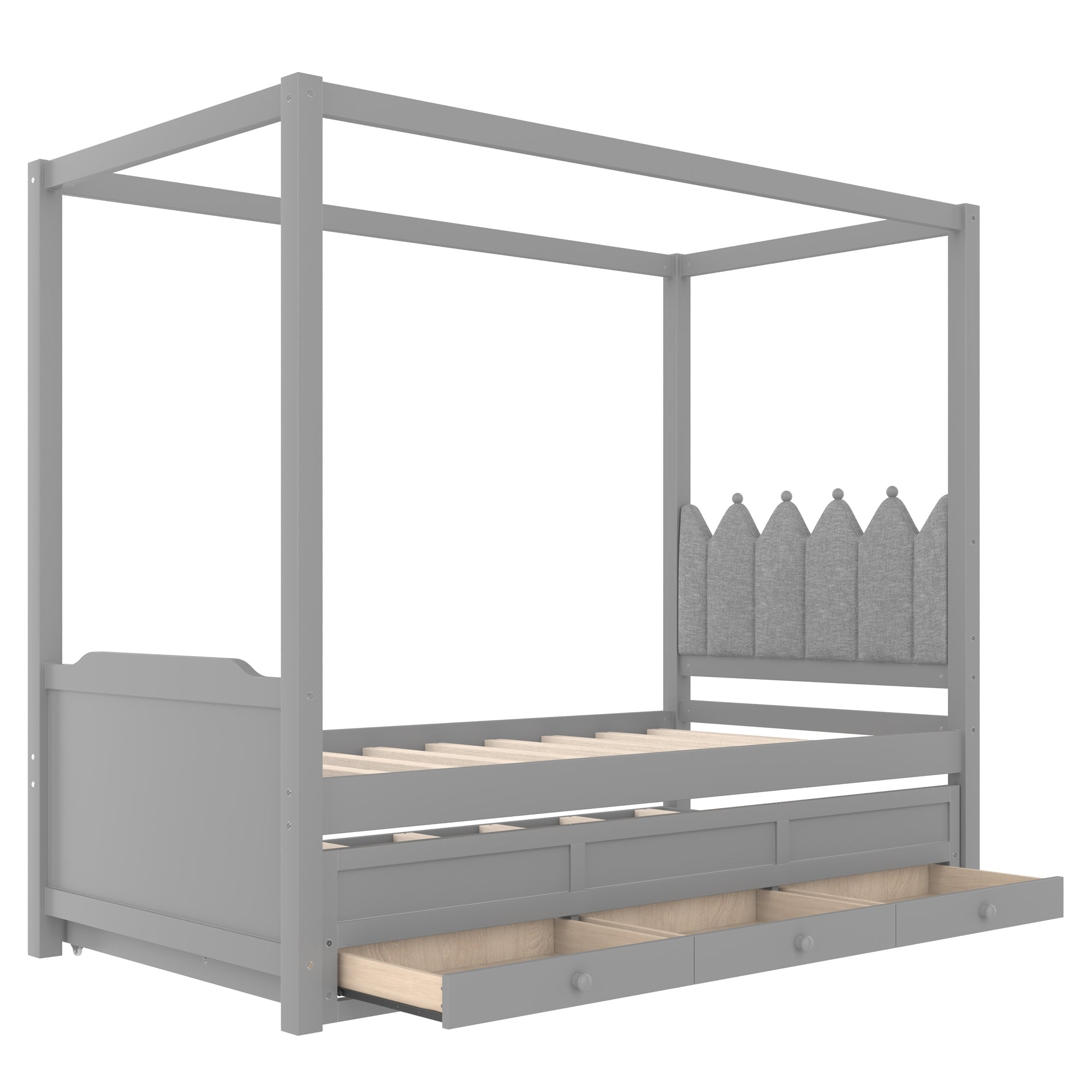 Twin Platform Bed with Upholstered Headboard,Twin Size Trundle and 3 Drawers,Princess Canopy Bed Frame for Kids,Storage & Easy Assembly,Gray