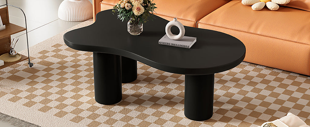 ON-TREND 44'' x 25.9'' Easy Assembly Cloud Coffee Table with 1.5'' Thick Tabletop, Cream Style Irregular End Table with 3 Sturdy Legs, Sleek Center Table with Round Edge for Living Room, Black