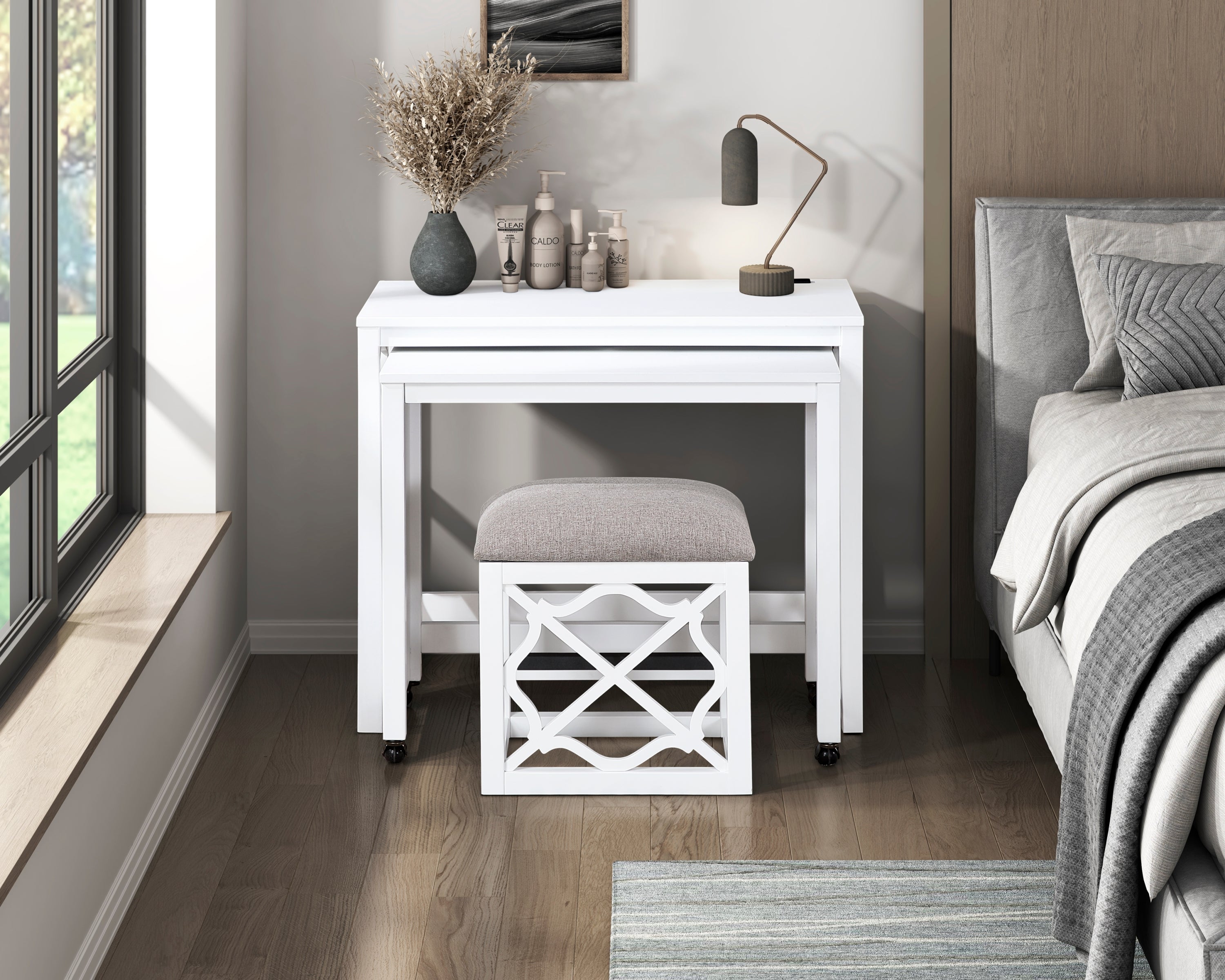 Desks and Stool Set 3pc White Finish Rolling Desk with Casters, 2 Charging ports Home Office Furniture