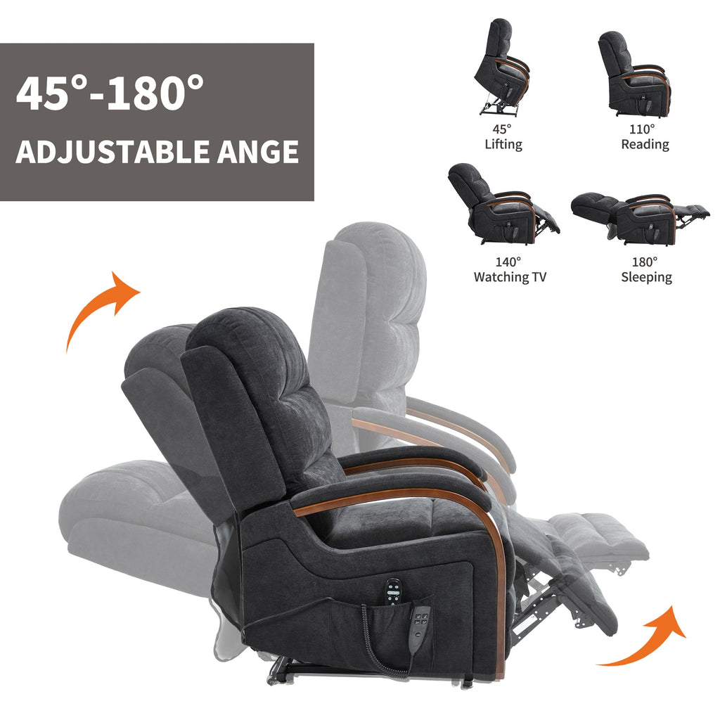 Power Black Chenille Lift Recliner Chair Dual Motor Infinite Position Up to 350 LBS with Solid Wood Armrests, Heat Massage and Heavy Duty Motion Mechanism