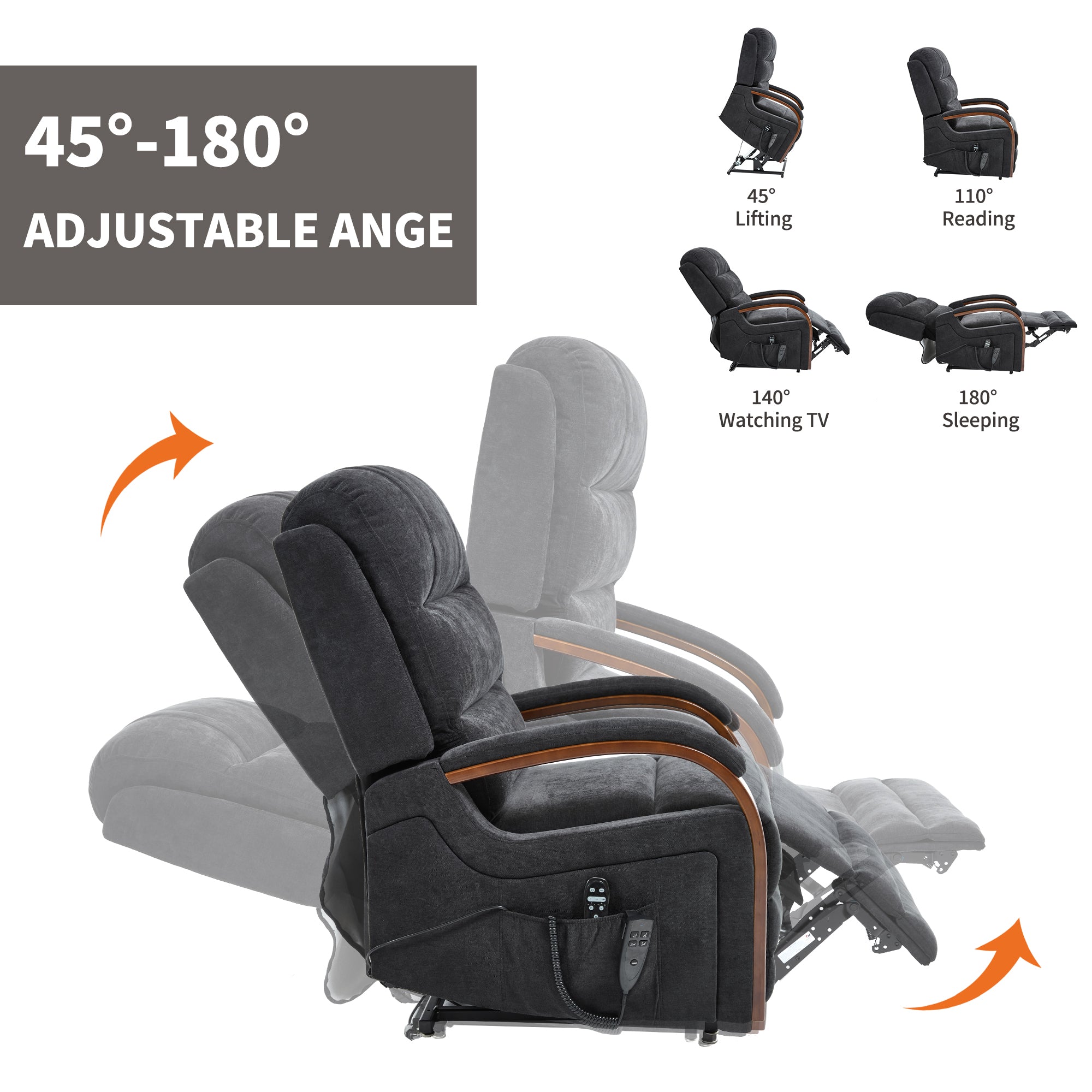 Power Black Chenille Lift Recliner Chair Dual Motor Infinite Position Up to 350 LBS with Solid Wood Armrests, Heat Massage and Heavy Duty Motion Mechanism