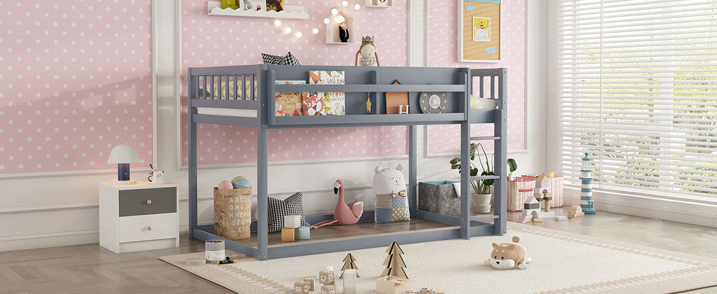 Low Twin Over Twin Bunk Bed, Floor Bunk Bed with Ladder, Solid Wood Twin Bunk Bed for Kids & Juniors, Grey(Expect Arrival Date 2025/11/25)