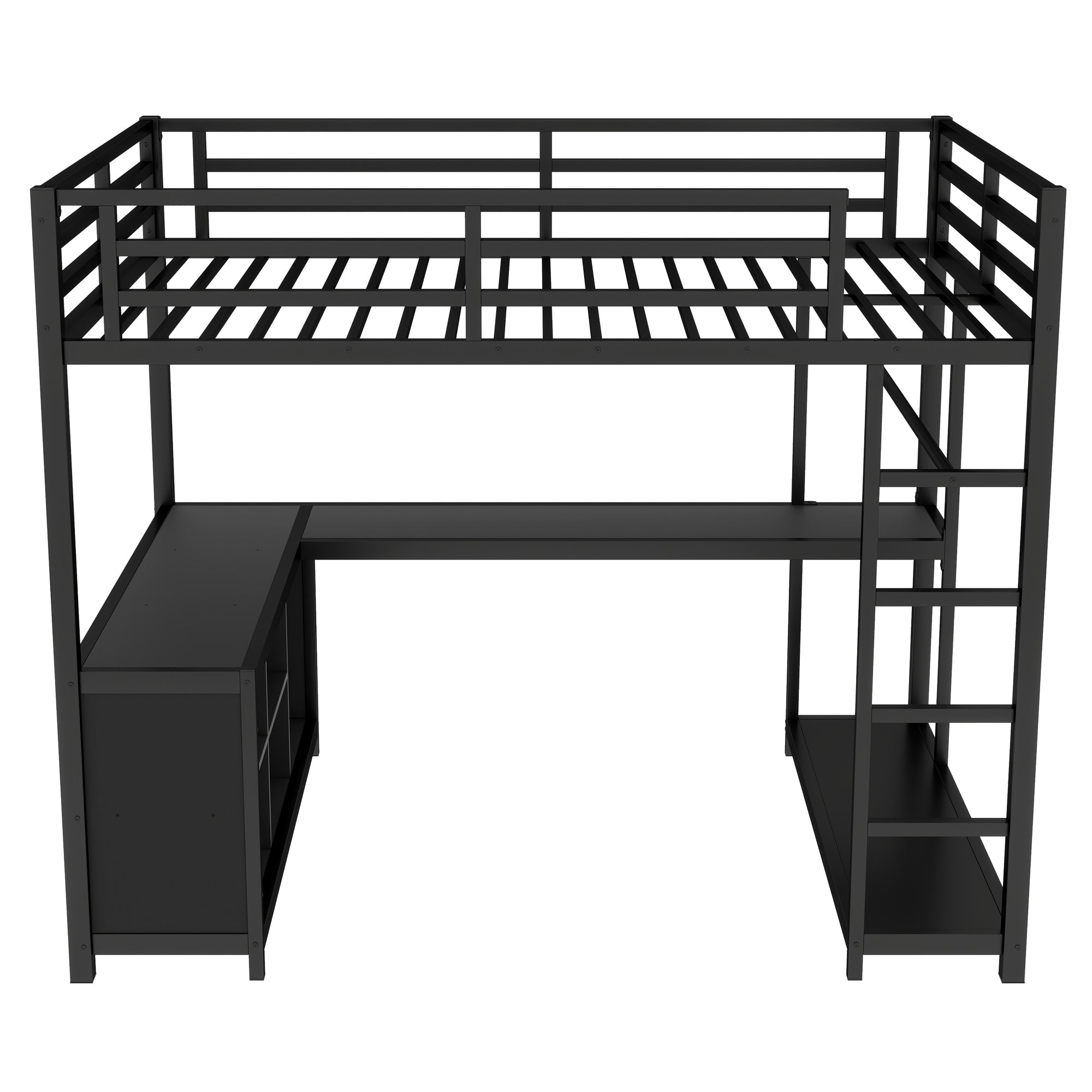 Metal Loft Bed with Wardrobe and L-shaped Desk, Full Size Loft Bed with Storage Cubes and Shelves, Loft Bed for Kids Teens Adults, Black