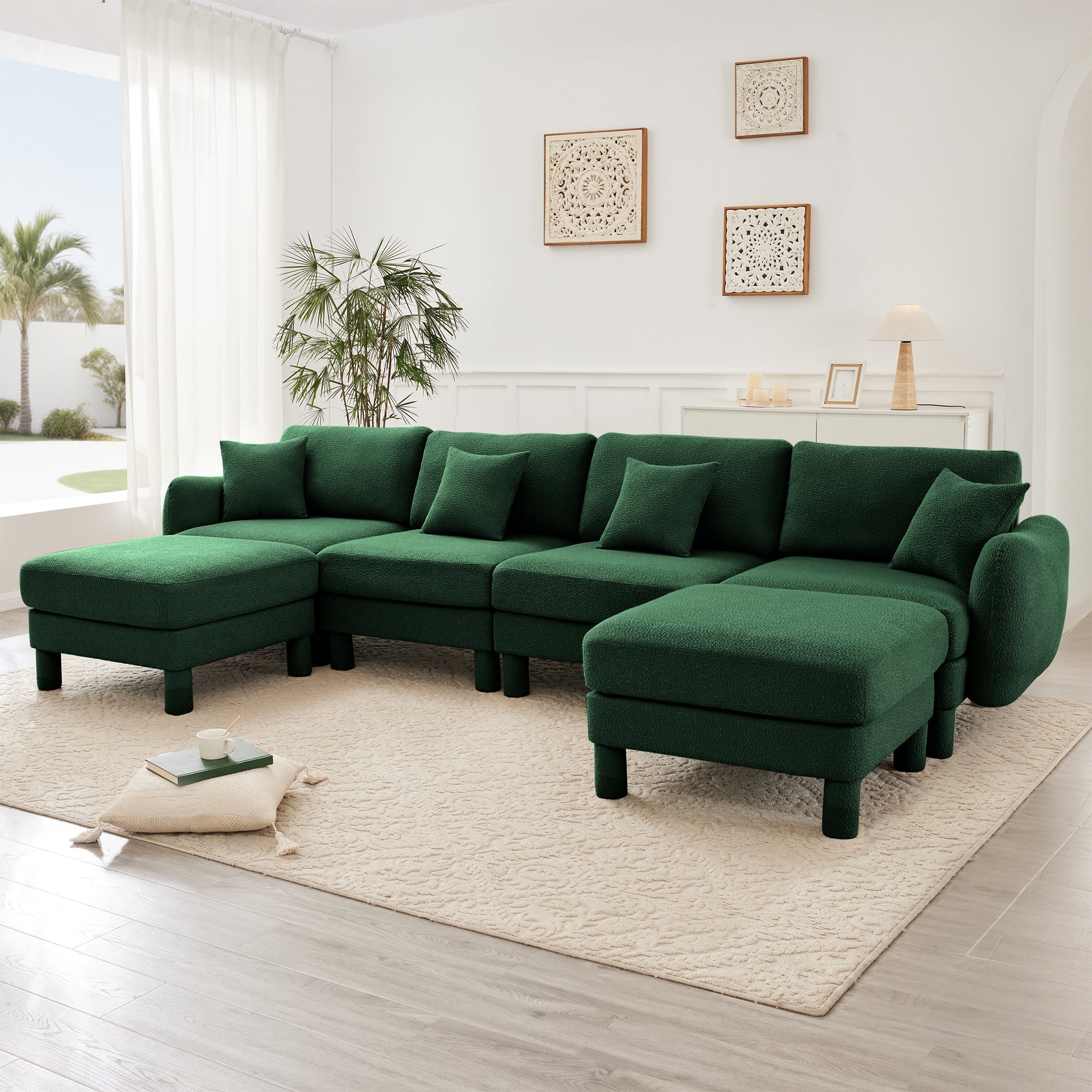 Boucle Fabric U Shape Sectional 4-seater Sofa Couch With Distinctive Shell-shaped Armrests And 2 Movable Ottomans,Cylindrical Legs Wrapped with Self-fabric,Green Color
