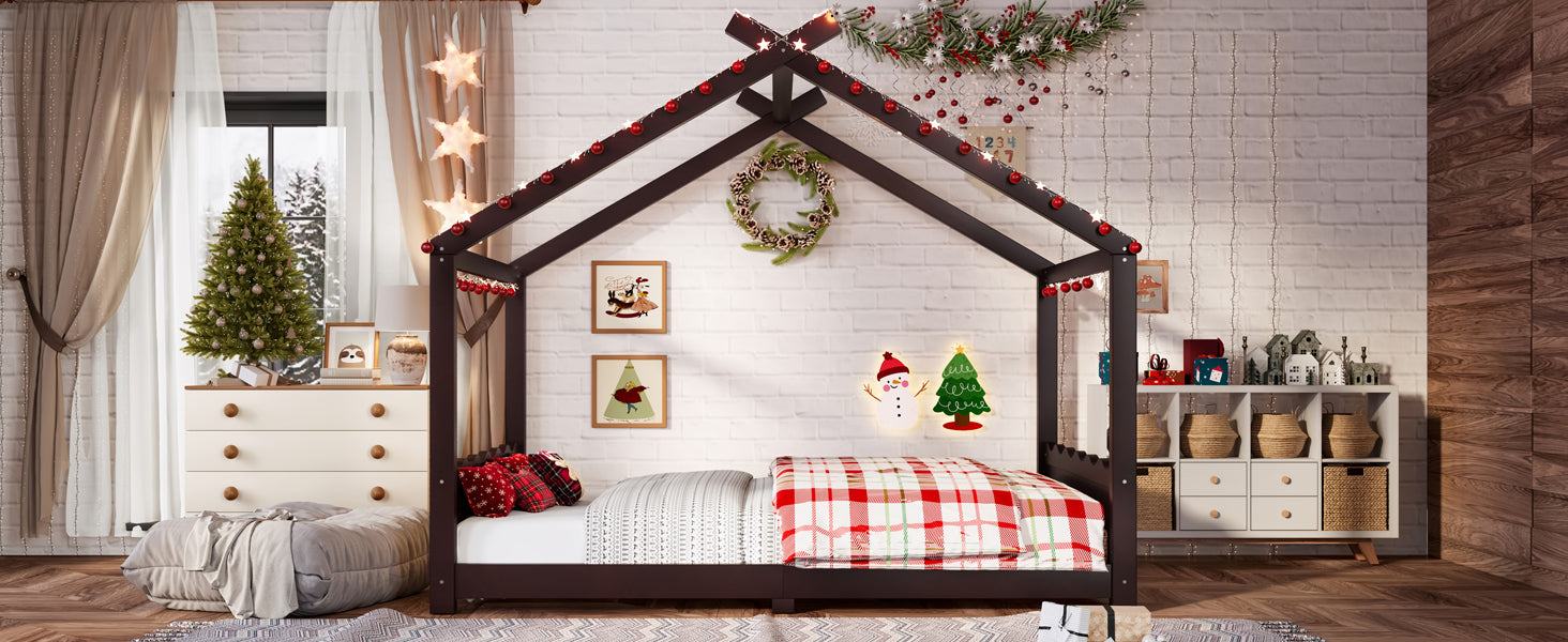 Full House Floor Bed with Support Slats, Solid Wood House Bed Frame for Kids, No Box Spring Needed and Opening Constructure, Espresso