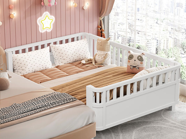 Full Size Wood Platform Bed for Kids, Wood Low Profile Full Bed with Rails for Girls and Boys, White (Patented Design, Old SKU W2593P233767)