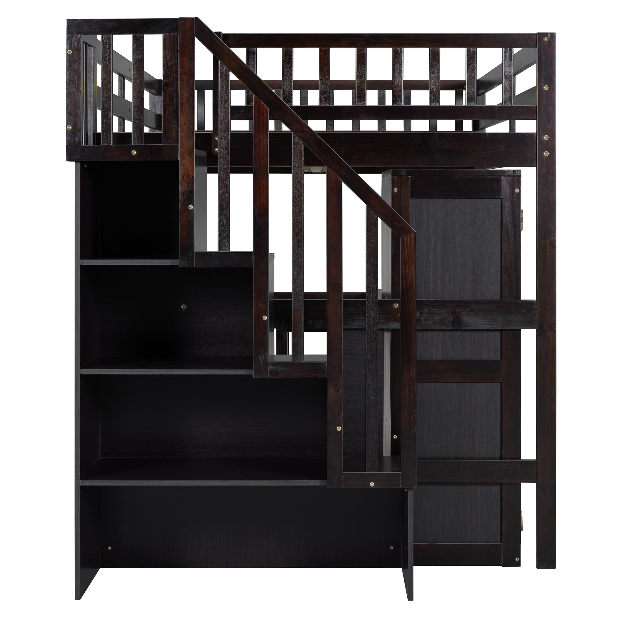 Full Size Loft Bed with Stairs, Bookshelf, Drawers, Desk & Wardrobe – Space-Saving Multifunctional Furniture for Kids & Teens-Espresso