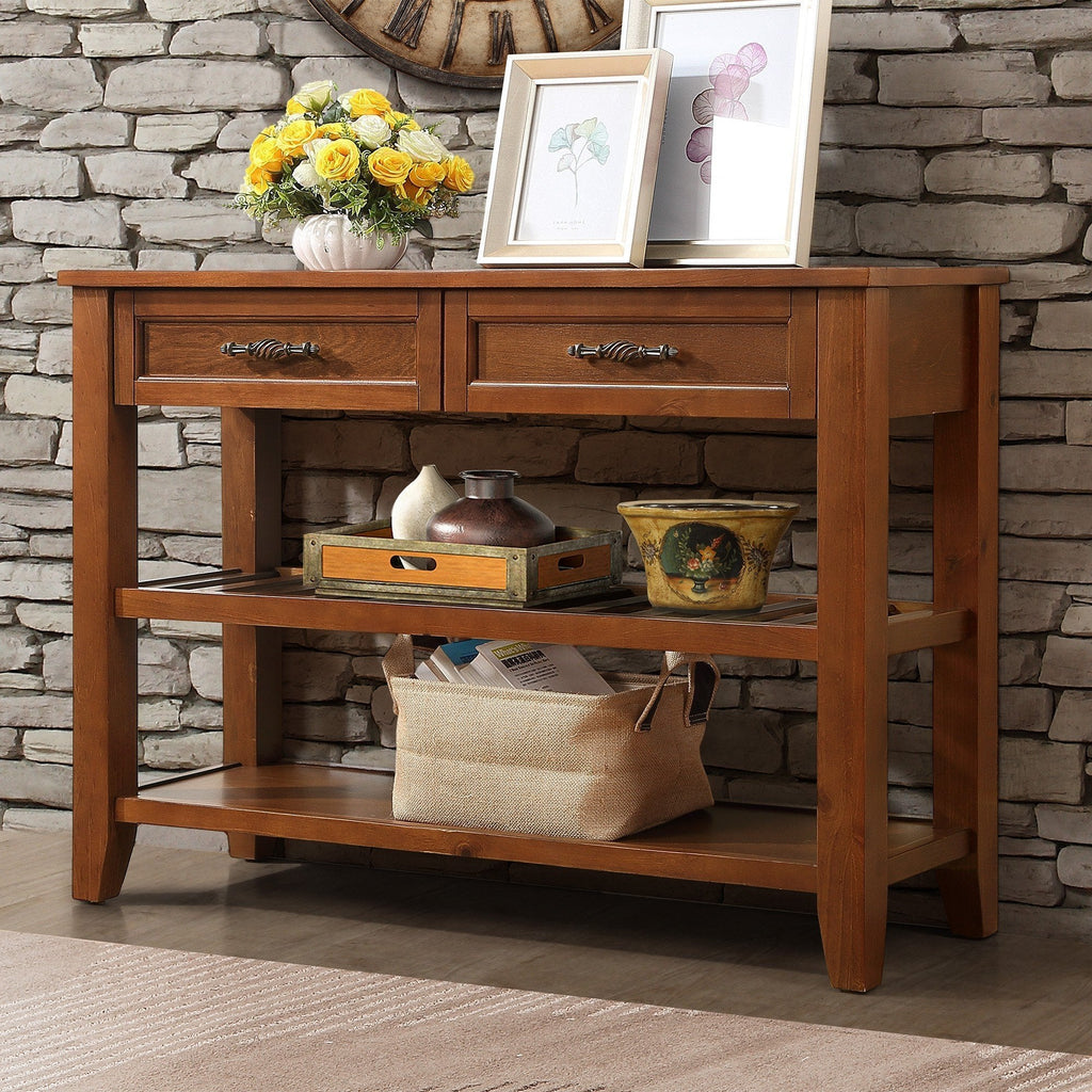 Console Sofa Table with 2 Storage Drawers and 2 Tiers Shelves, Mid-Century Style 42'' Solid Wood Buffet Sideboard for Living Room Furniture Kitchen Dining Room Entryway Hallway, Brown