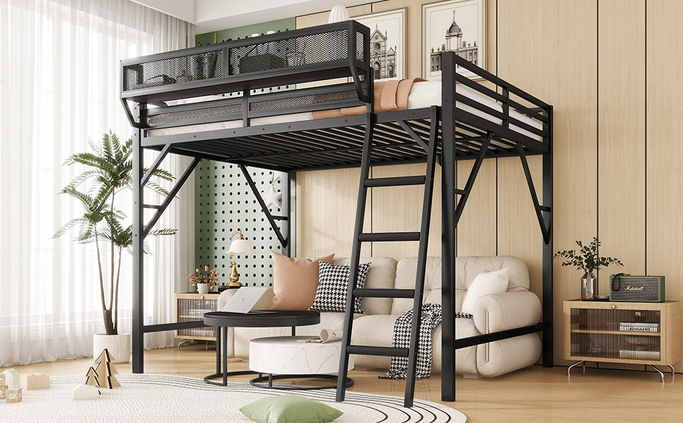 Full Size Loft Bed with Ladder, Metal Full Loft Bed with Storage Shelves, High Loft Bed for Kids Teens, Black(Expect Arrival Date 2025/11/26, Old SKU W2580P353531)