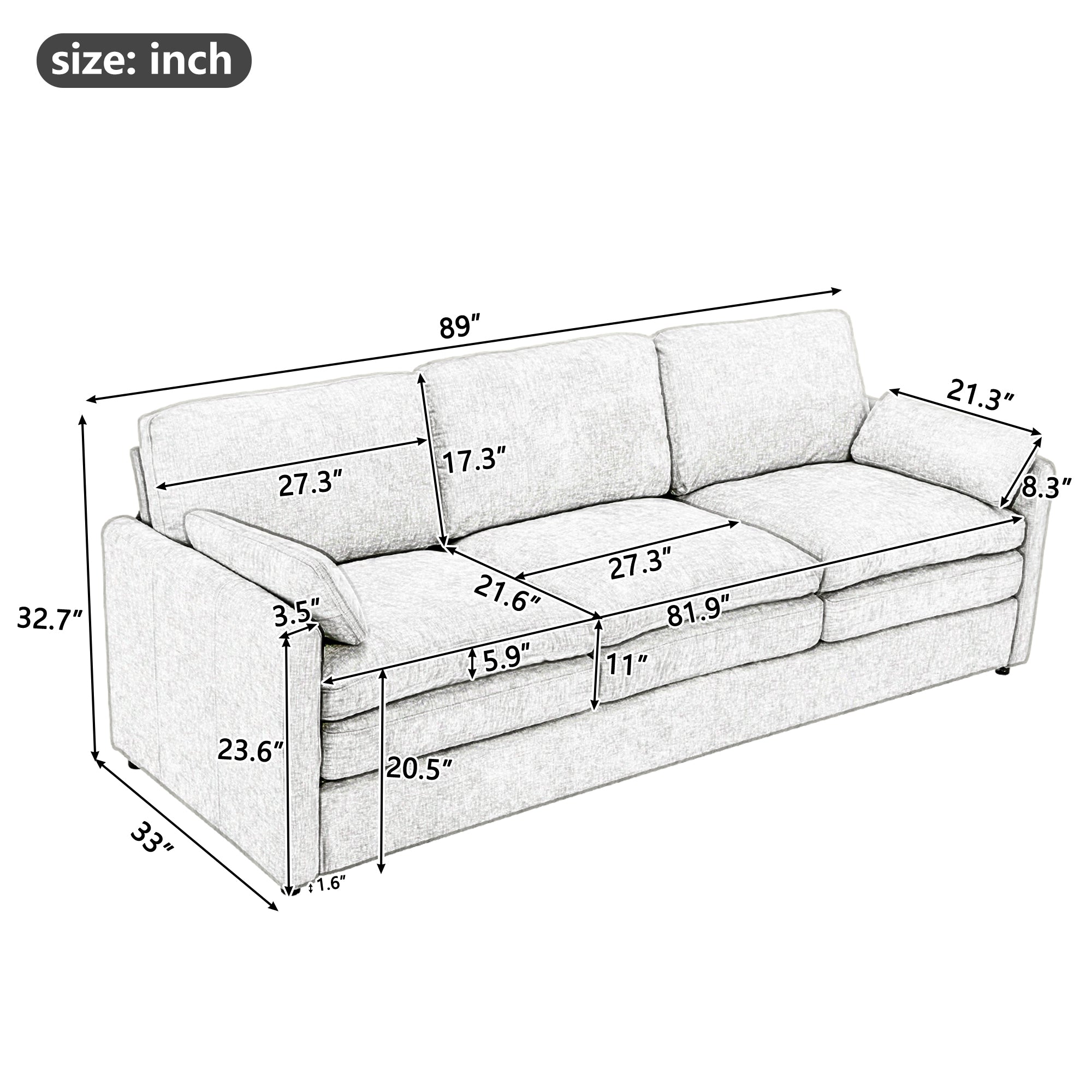 89'  Cozy Upholstered 3-seater Sofa Oversized Comfy Cloud Sofa Double Cushion 3-seater Sofa Plush Cushion Sofa Couch for Living Room, Beige