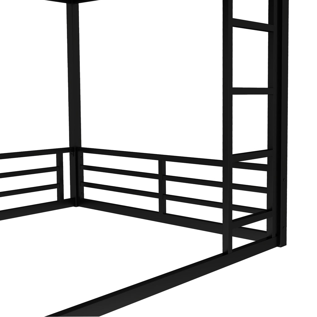 Metal Bunk Bed, Full over Full Floor Bunk Bed Frame,Heavy-Duty Bunk Bed for Kids, Teens, Adults, Noise-reduced Design, Black
