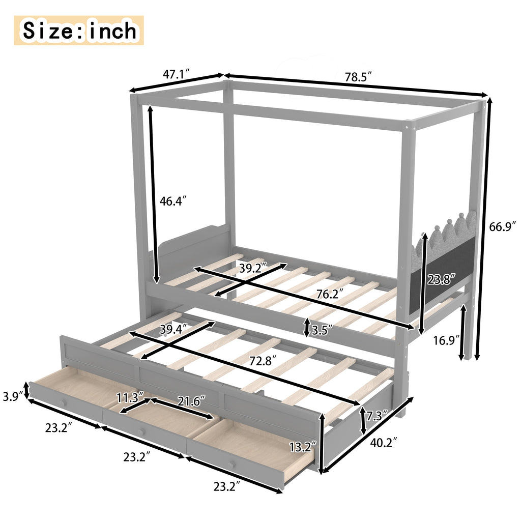 Twin Platform Bed with Upholstered Headboard,Twin Size Trundle and 3 Drawers,Princess Canopy Bed Frame for Kids,Storage & Easy Assembly,Gray