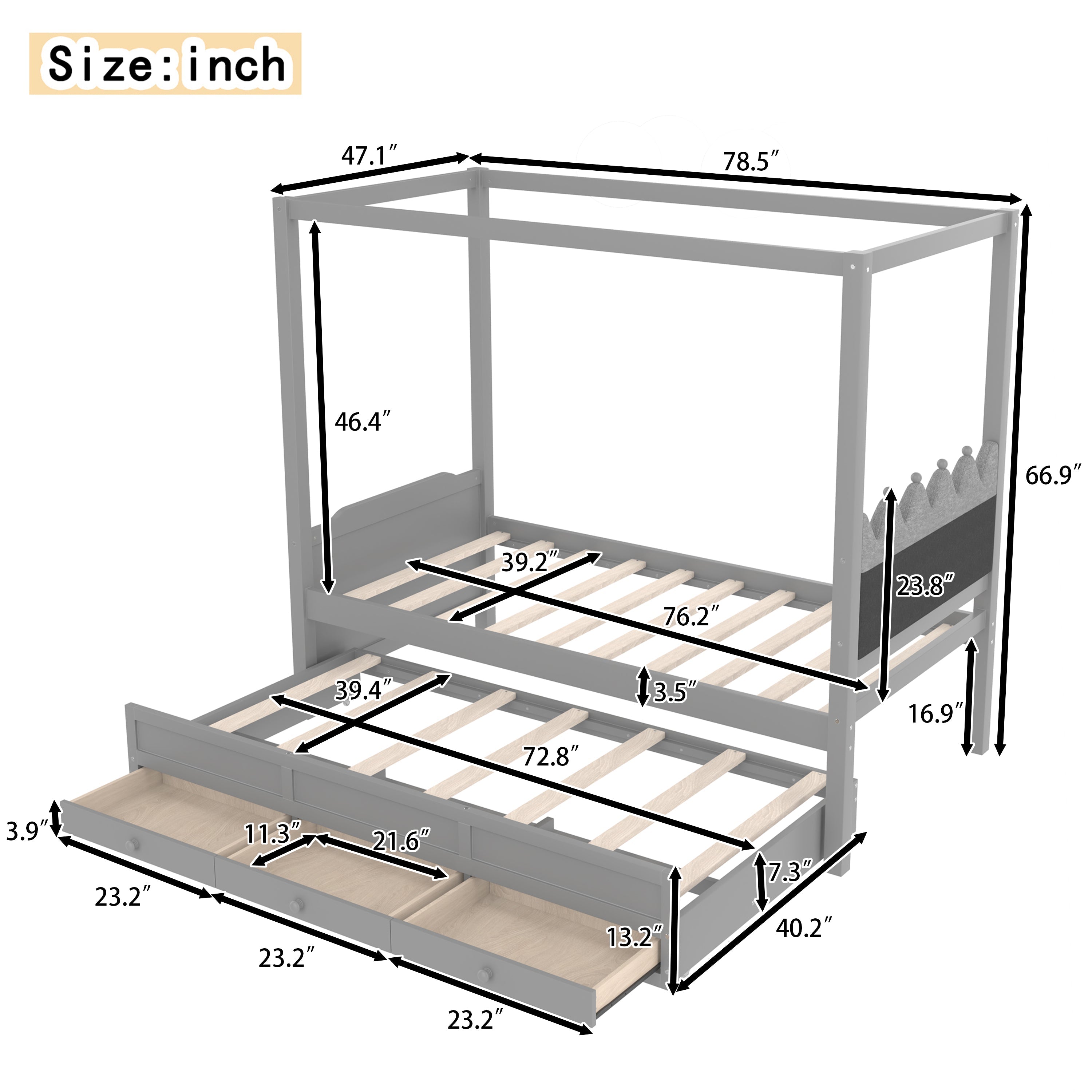 Twin Platform Bed with Upholstered Headboard,Twin Size Trundle and 3 Drawers,Princess Canopy Bed Frame for Kids,Storage & Easy Assembly,Gray