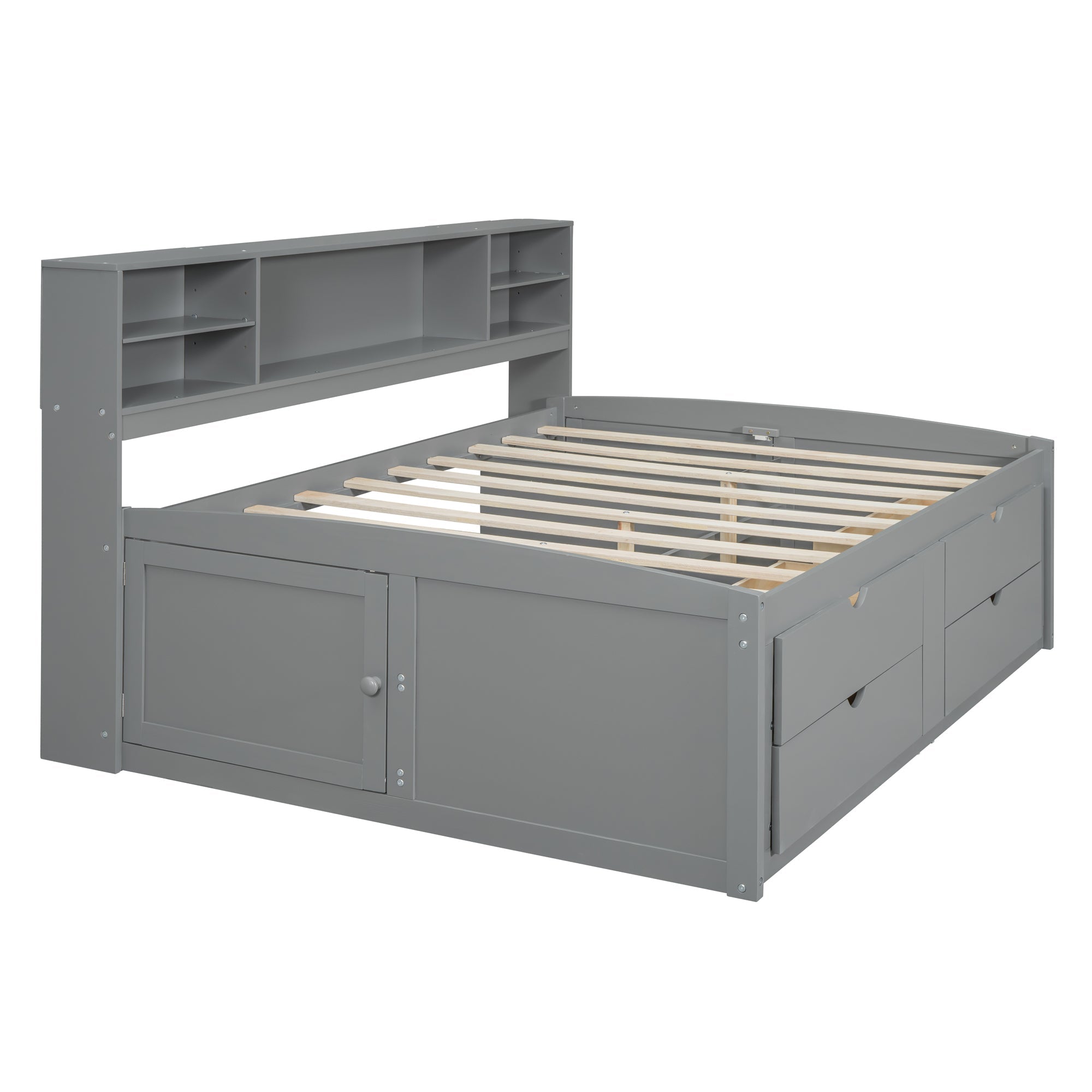 Full Size Wood Daybed with 2 Bedside Cabinets, Upper Shelves and 4 Drawers, Gray