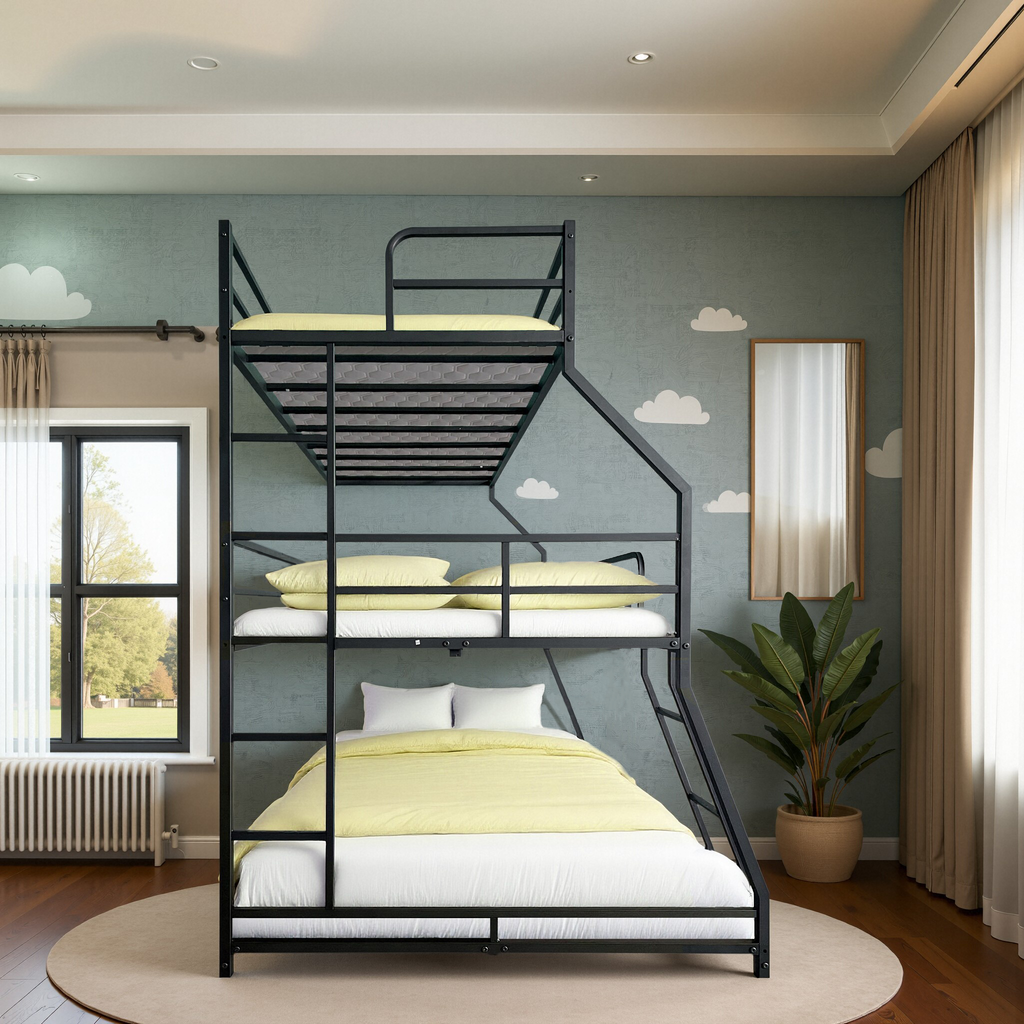 Triple Bed with Long and Short Ladder & Full-Length Guardrails , Easy Assembly ,for Kid Boy Girl ,Black