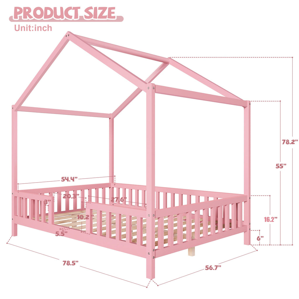 Montessori Floor Bed with Canopy, Full Bed Frame for Kids, House Shape Kids Bed Frame with High Railings, Wood Kids Bed with Roof, Kid Full Bed, Pink