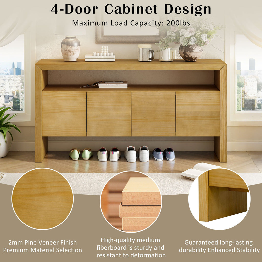 U_Style 60' 4-Door Sideboard, Modern Minimalist Solid Wood Veneer Sideboard with Open Shelf, Natural Wood Grain, Large Capacity Storage Console for Living Room, Hallway, Dining (Black/Natural)