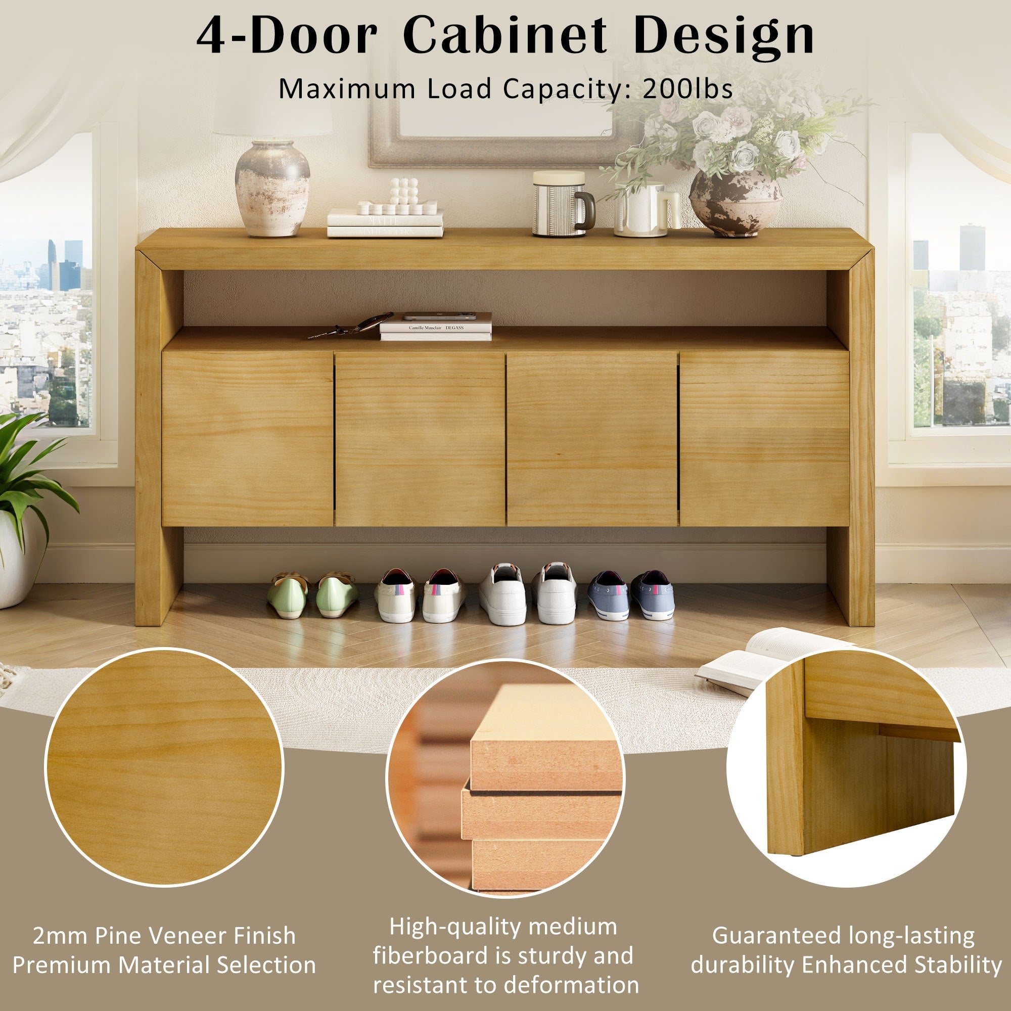 U_Style 60' 4-Door Sideboard, Modern Minimalist Solid Wood Veneer Sideboard with Open Shelf, Natural Wood Grain, Large Capacity Storage Console for Living Room, Hallway, Dining (Black/Natural)