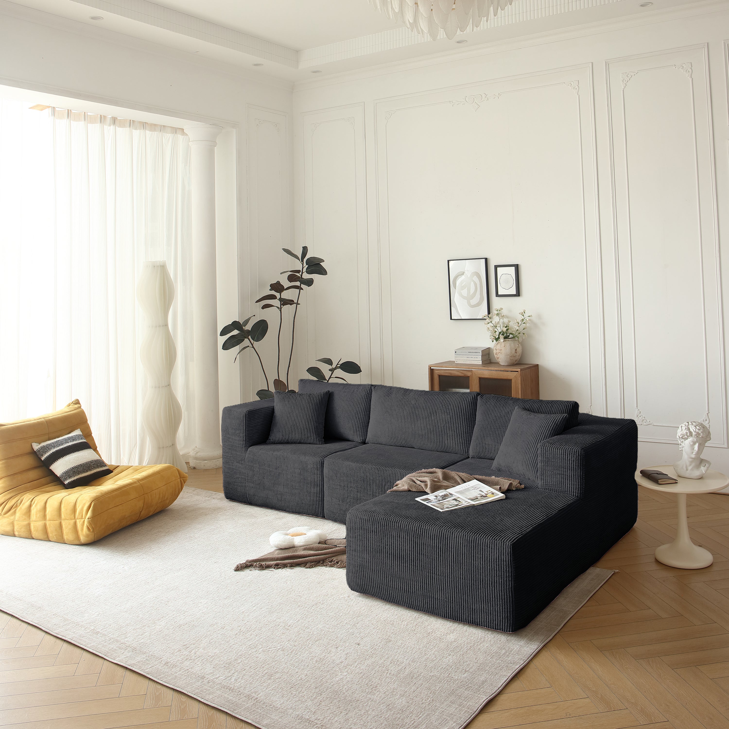 H613 Sectional Sofa and Module, Mid-Century Modern L Shaped Couches 3-Seat Sofa for Living Room Grey Right