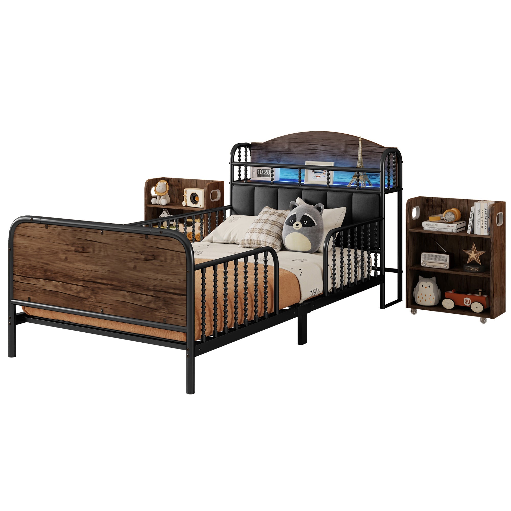 Twin Size Metal Platform Bed Frame with Light, Kids Twin Metal Bed with Upholstered and Pull Out Storage Shelves, Black (Expect Arrival Date 2025/10/5)