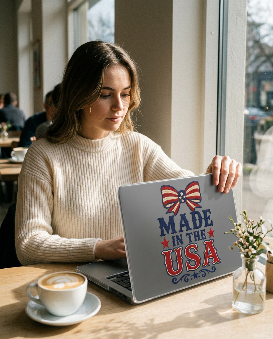 Patriotic Made in the USA Clear MacBook Case, Americana Laptop Cover with Bow, Red White Blue MacBook Shell, Vintage USA MacBook Protector